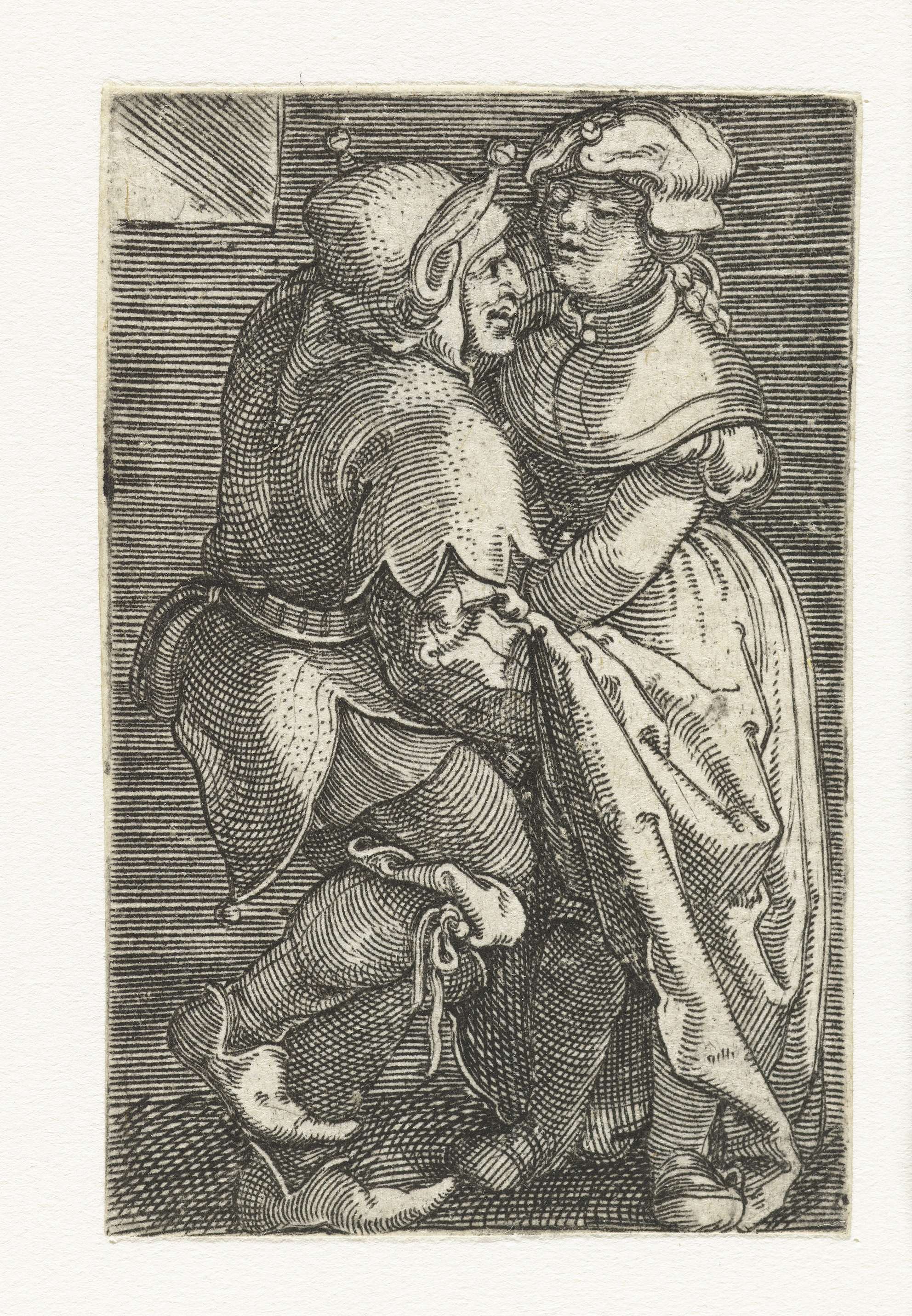 Nar met hand onder rokken van meisje, by Barthel Beham, public domain