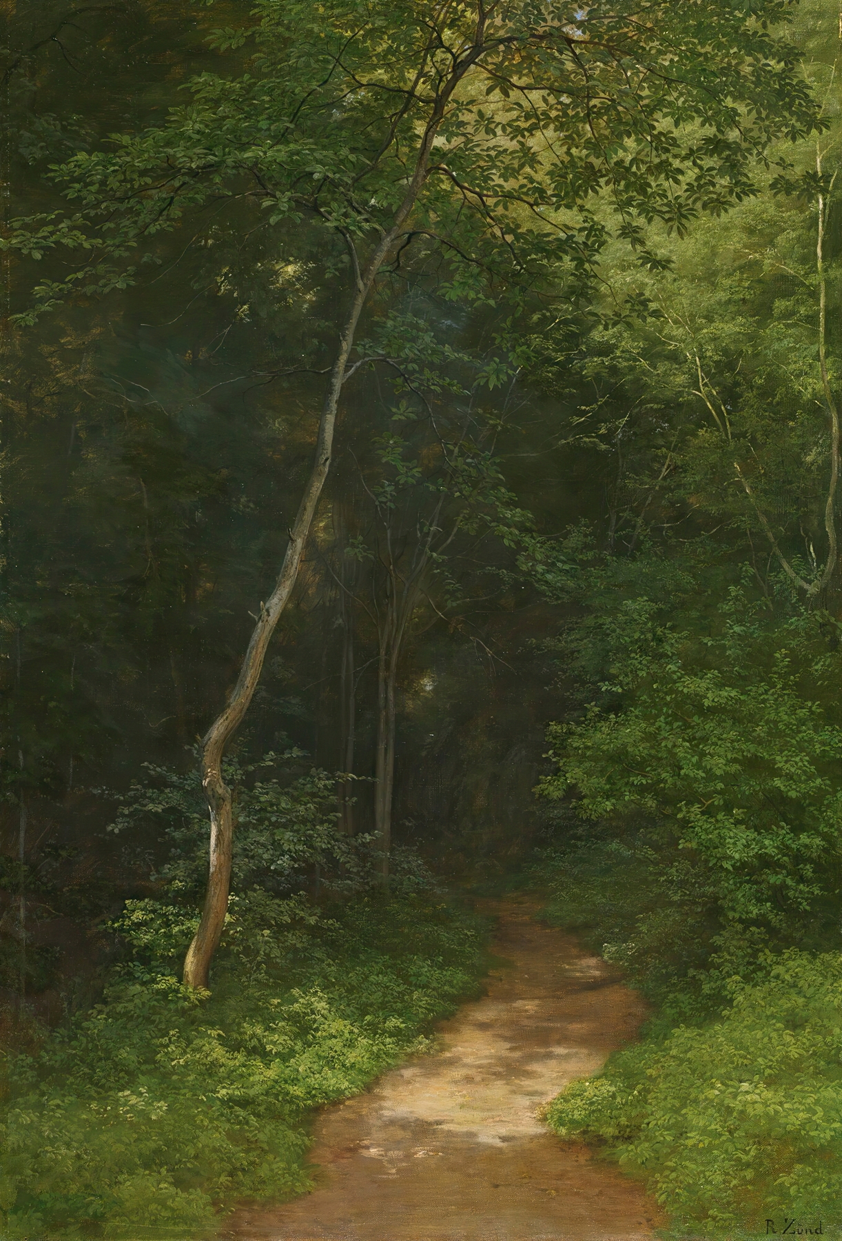 Waldweg Forest Track by Robert Zünd, oil painting depicting a forest path with light and shadow.