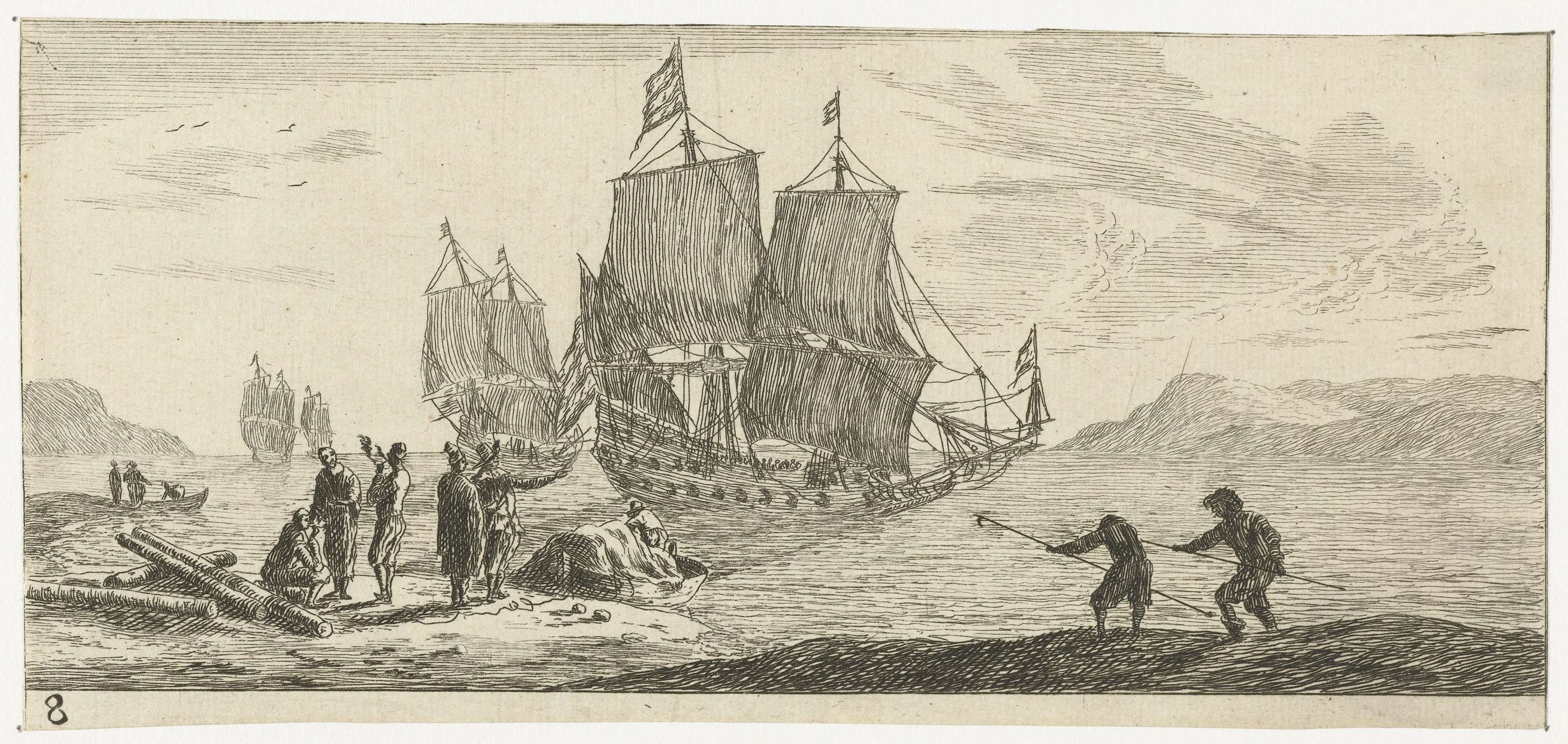 Vier grote zeilschepen in een baai, by Reinier Nooms, public domain