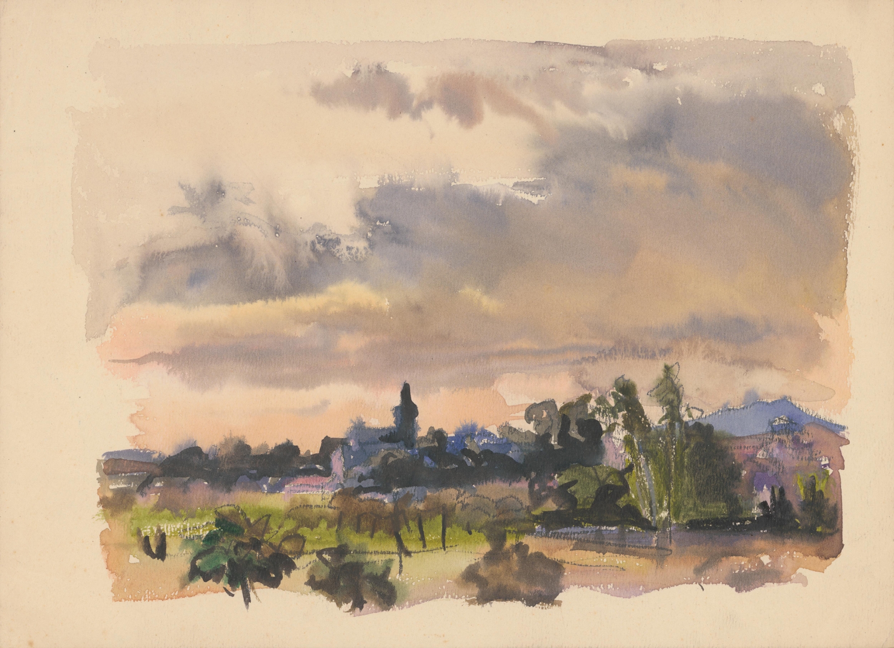Landscape by Ján Novák, depicting rolling hills and fields in muted colors, oil painting