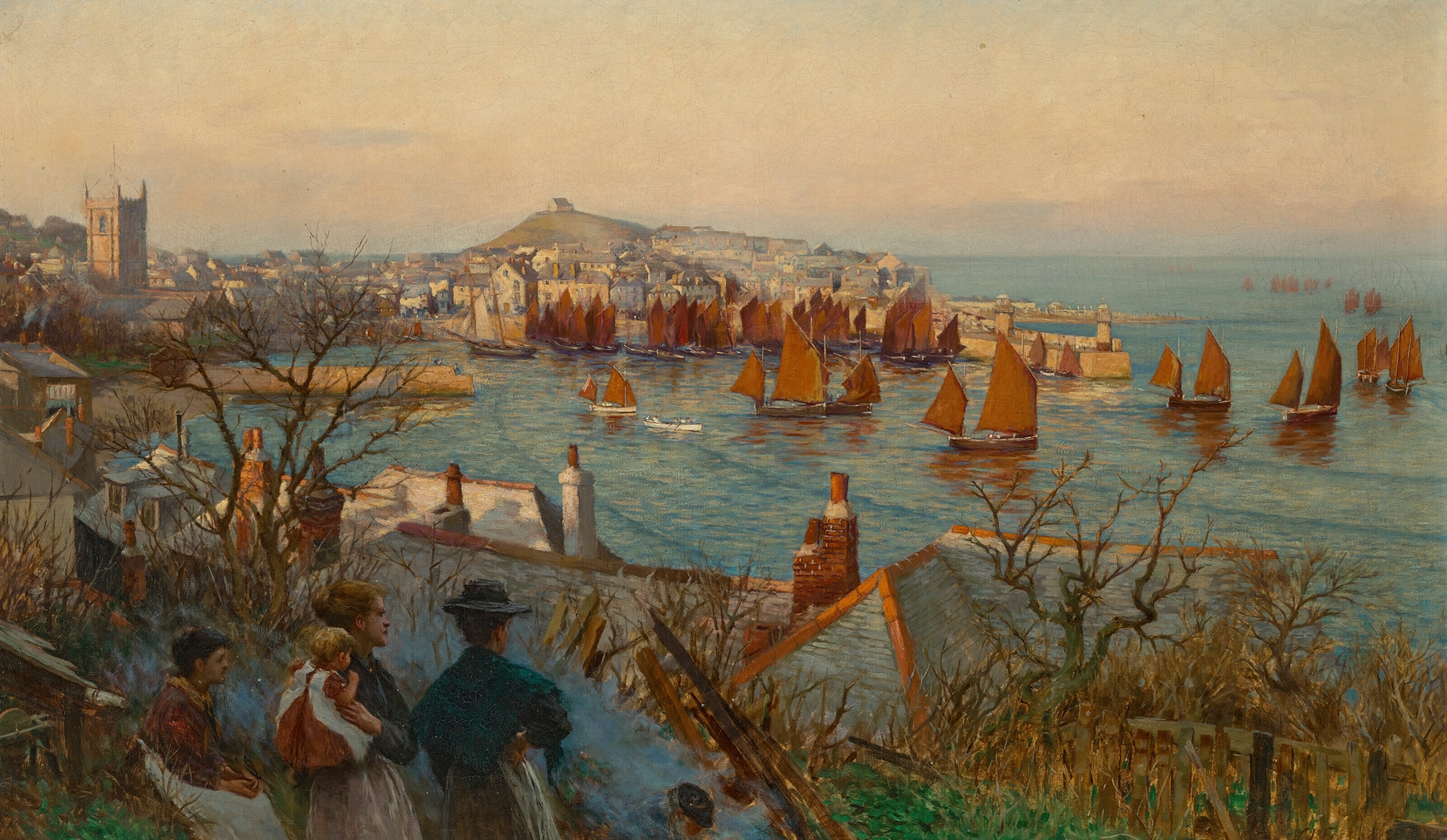 Marine scene with boats in the harbour at St Ives, oil painting by William Banks Fortescue