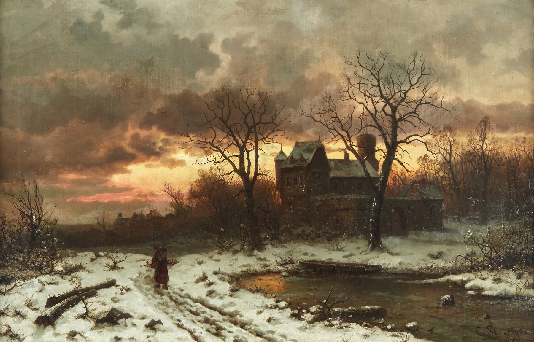 Winter Twilight in the Rhine Valley, oil on canvas by Ernesto Strigelly, depicting a serene river landscape at twilight.
