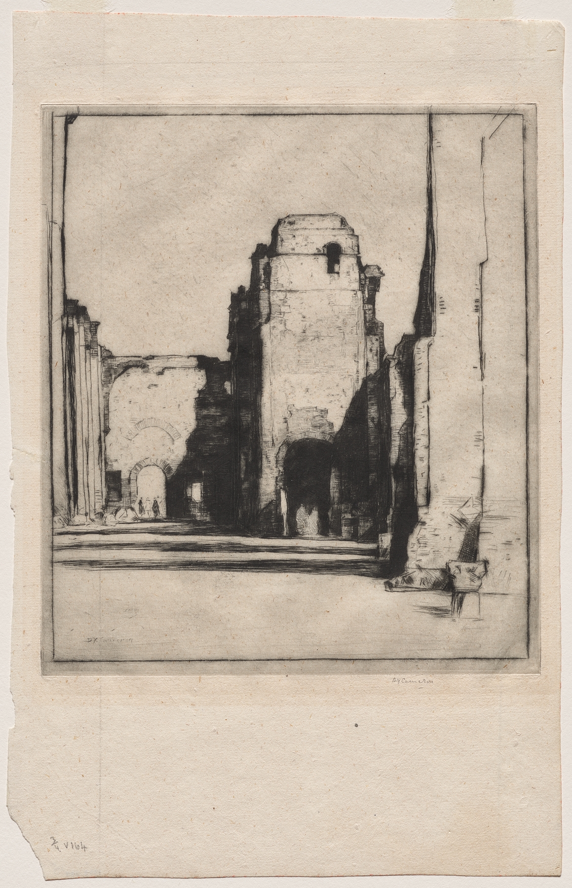 Tepidarium, an etching by David Young Cameron, depicting architectural ruins with golden light and dust.