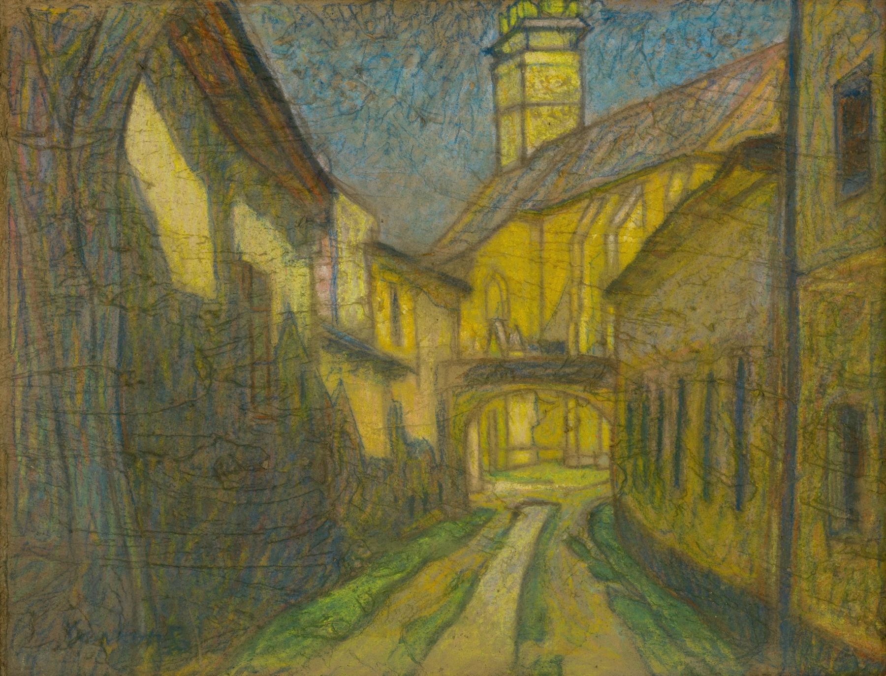 Ulica v Kežmarku by Konštantín Kövári-Kačmarik, realism, depicting a quiet street scene with historical architecture