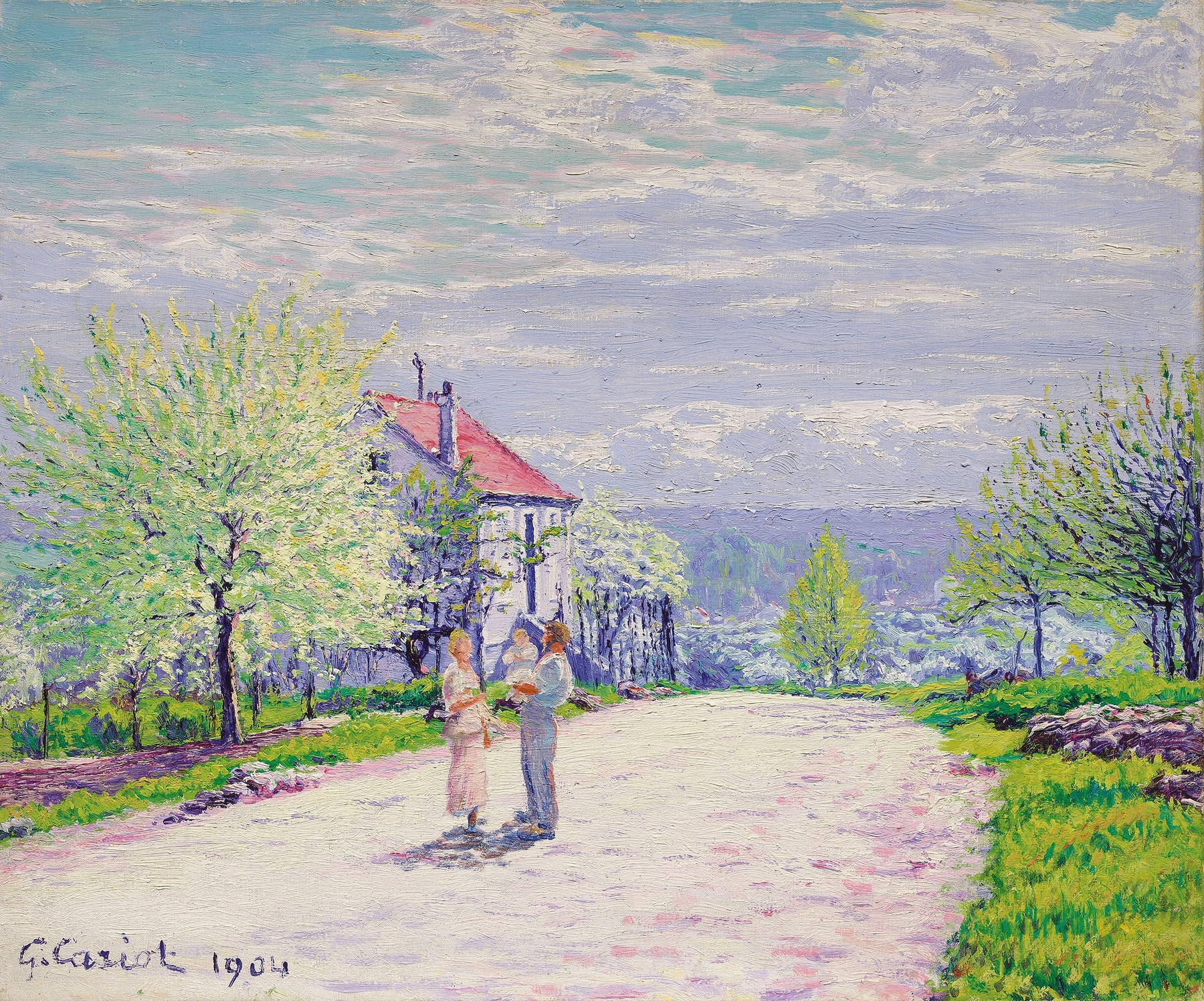 Figurative oil painting by Gustave Cariot depicting a solemn family in muted tones