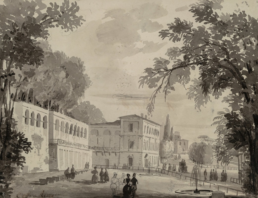 A picturesque view of the Aqueduct and Aranciera in Villa Borghese, Rome.