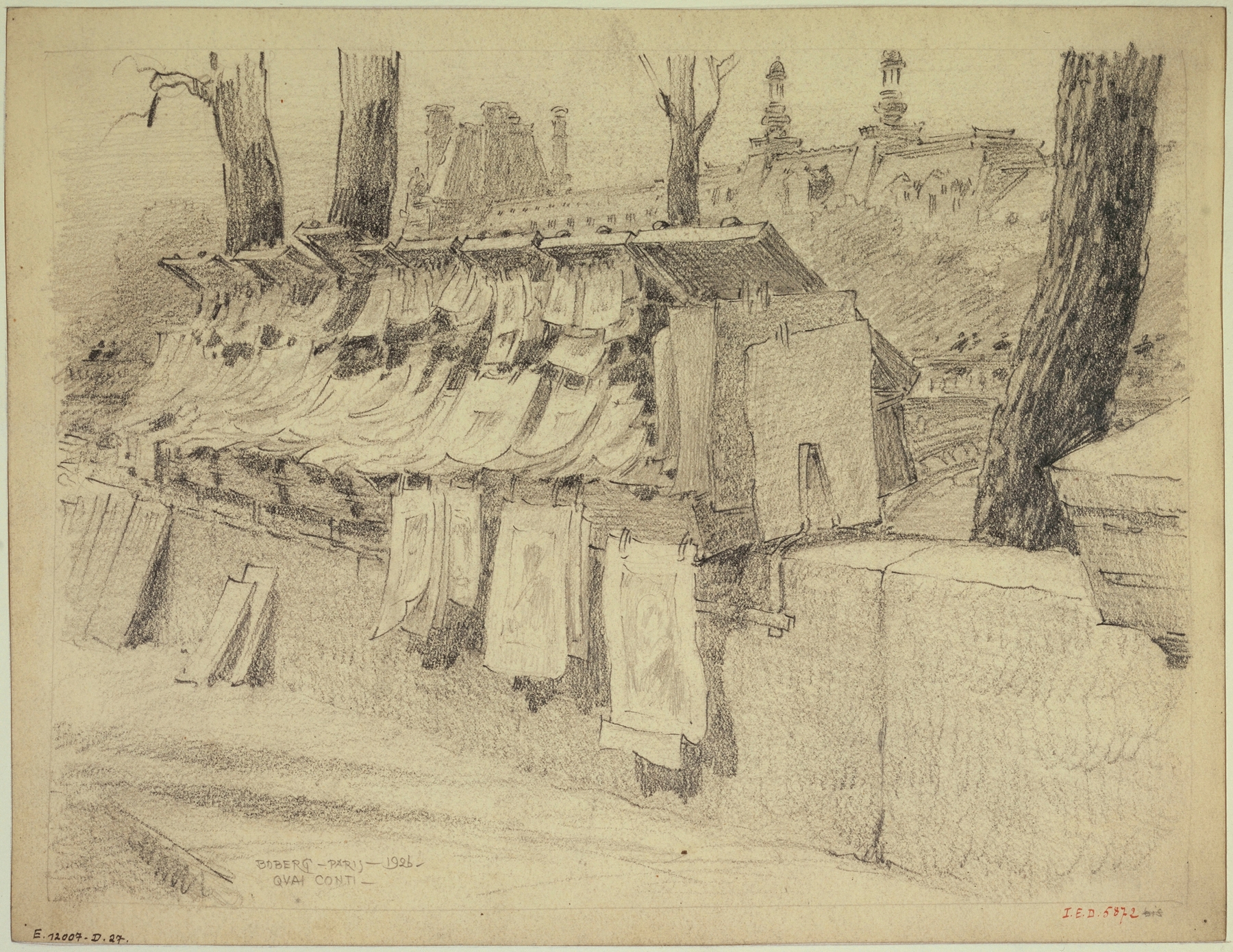 Engraving by Ferdinand Boberg depicting a merchant's display of prints