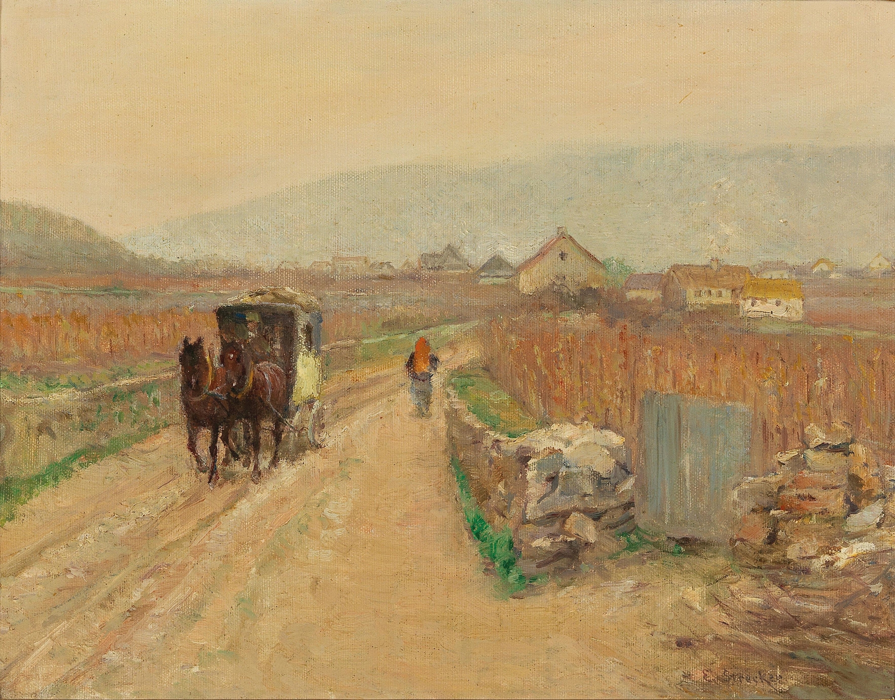 Landscape depicting a coach on a dirt road at dusk by Emil Strecker, medium unknown.