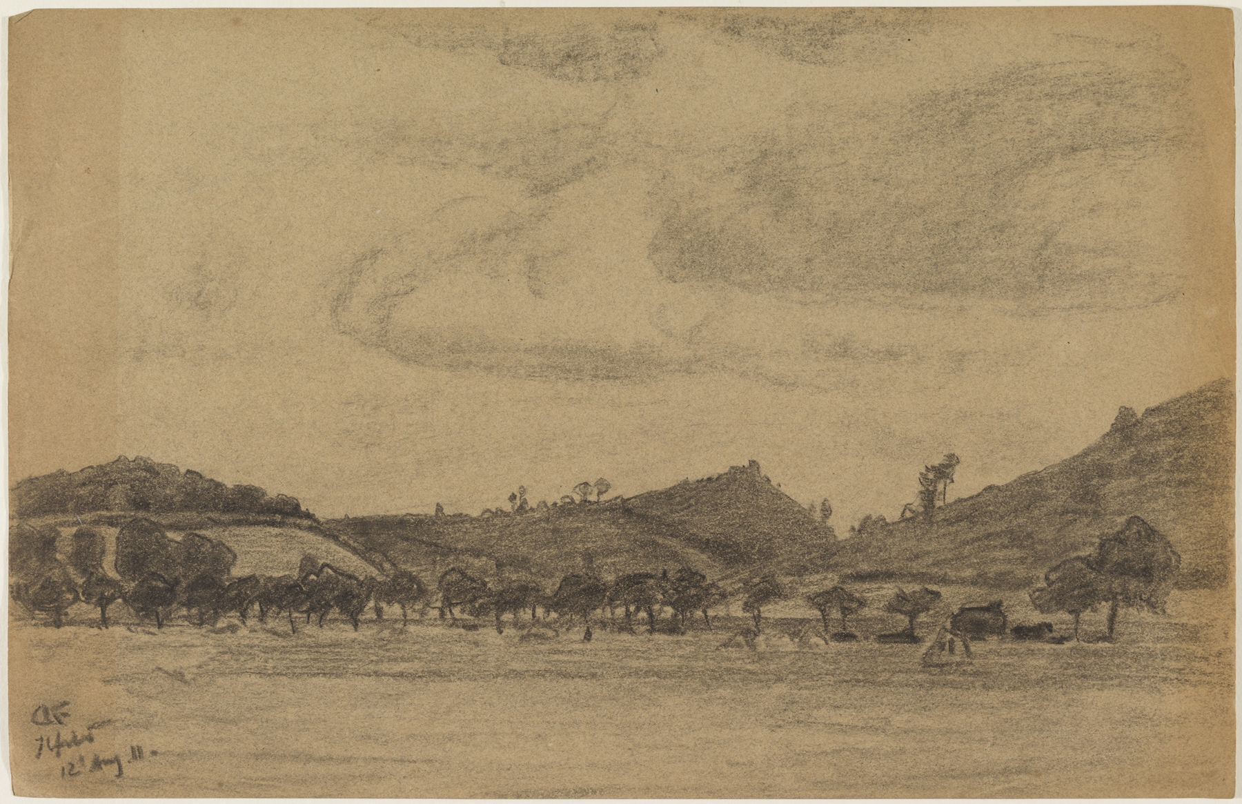 Hügelige Landschaft mit Baumreihe, oil on canvas by Gustav Kampmann, featuring rolling hills and a tree line.