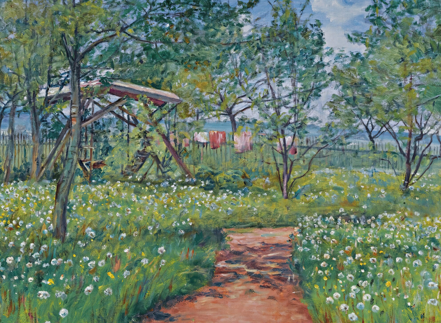 Garden In Libuň by František Kaván, oil on canvas depicting a serene garden with flowers.