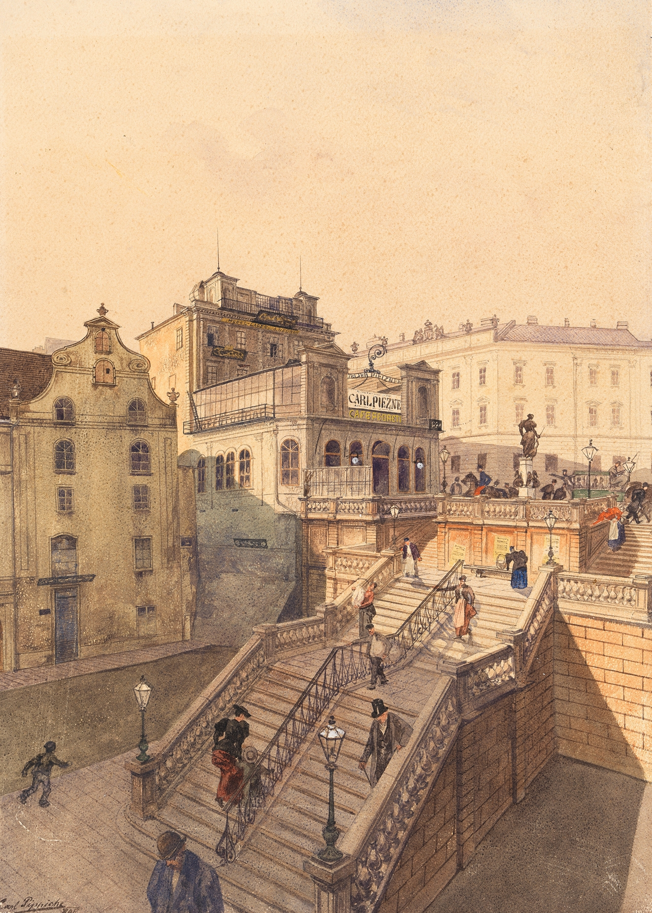 Rahlstiege, Mariahilfer Straße by Carl Pippich, realism, depicting an urban scene with figures and golden light.