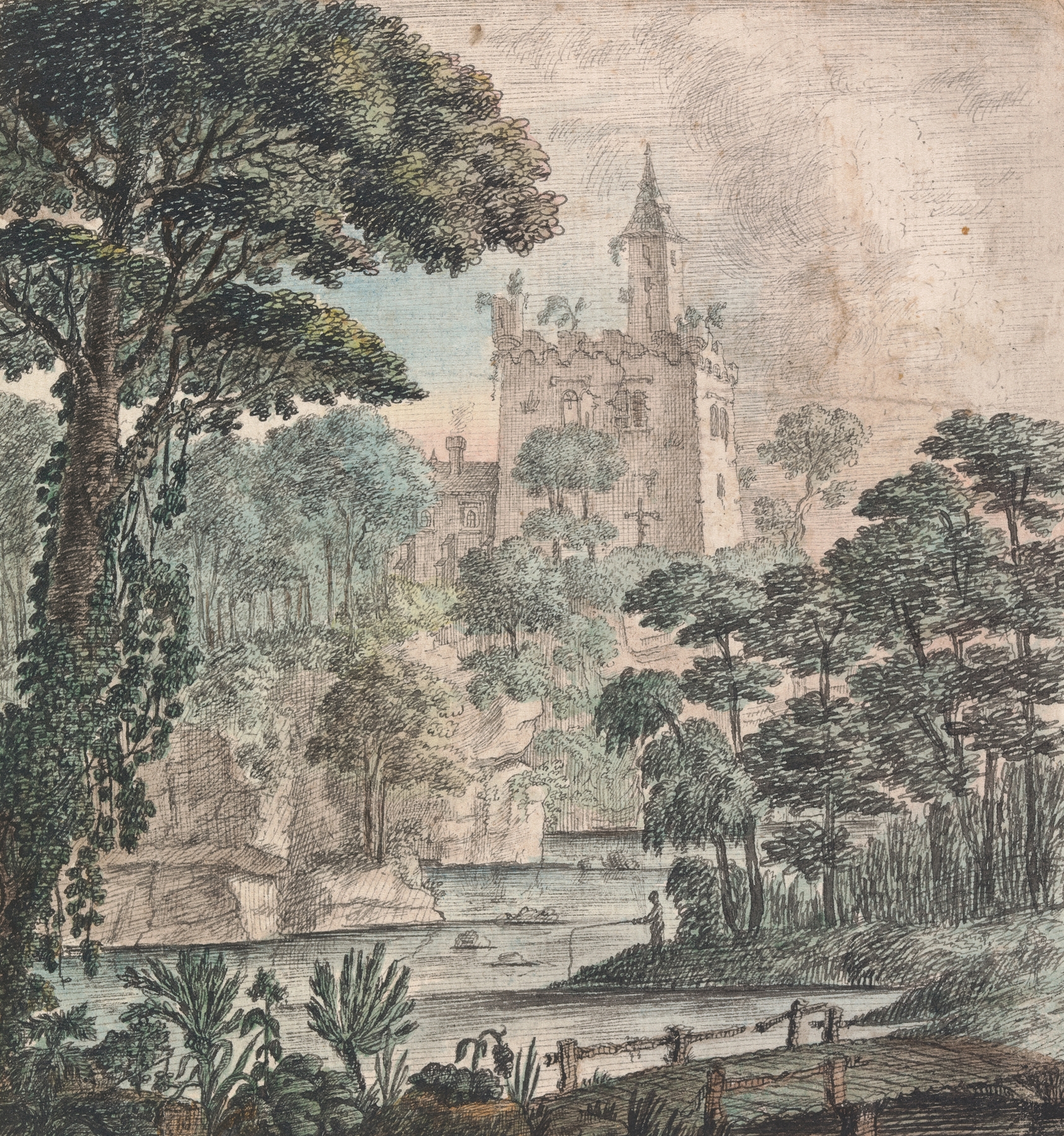 Landscape view with a ruined castle, river, and figure fishing by Henry Swinburne