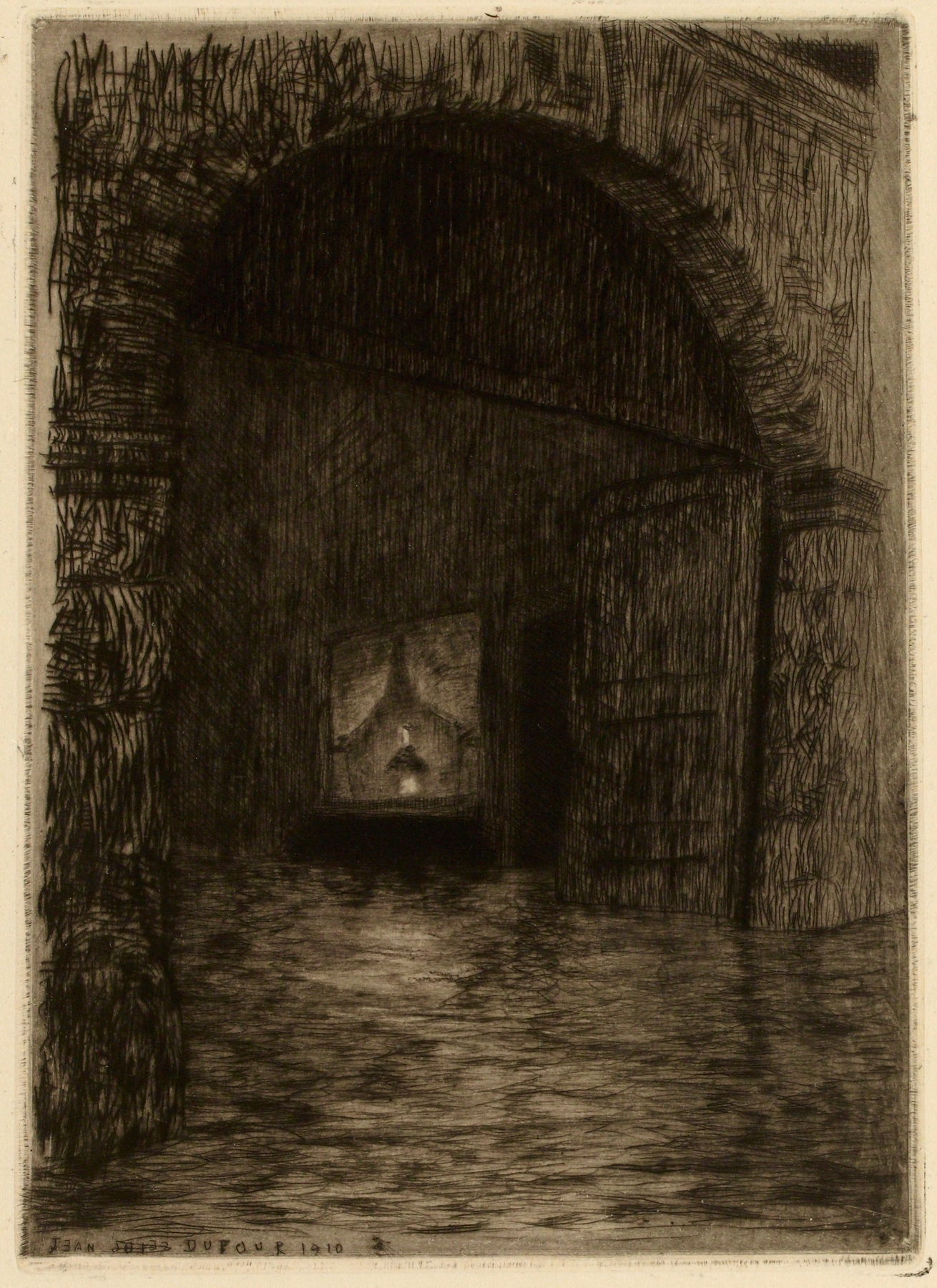 Porte rue Massillon by Jean-Jules Dufour, impressionism, depicting a narrow passageway with light and shadows.