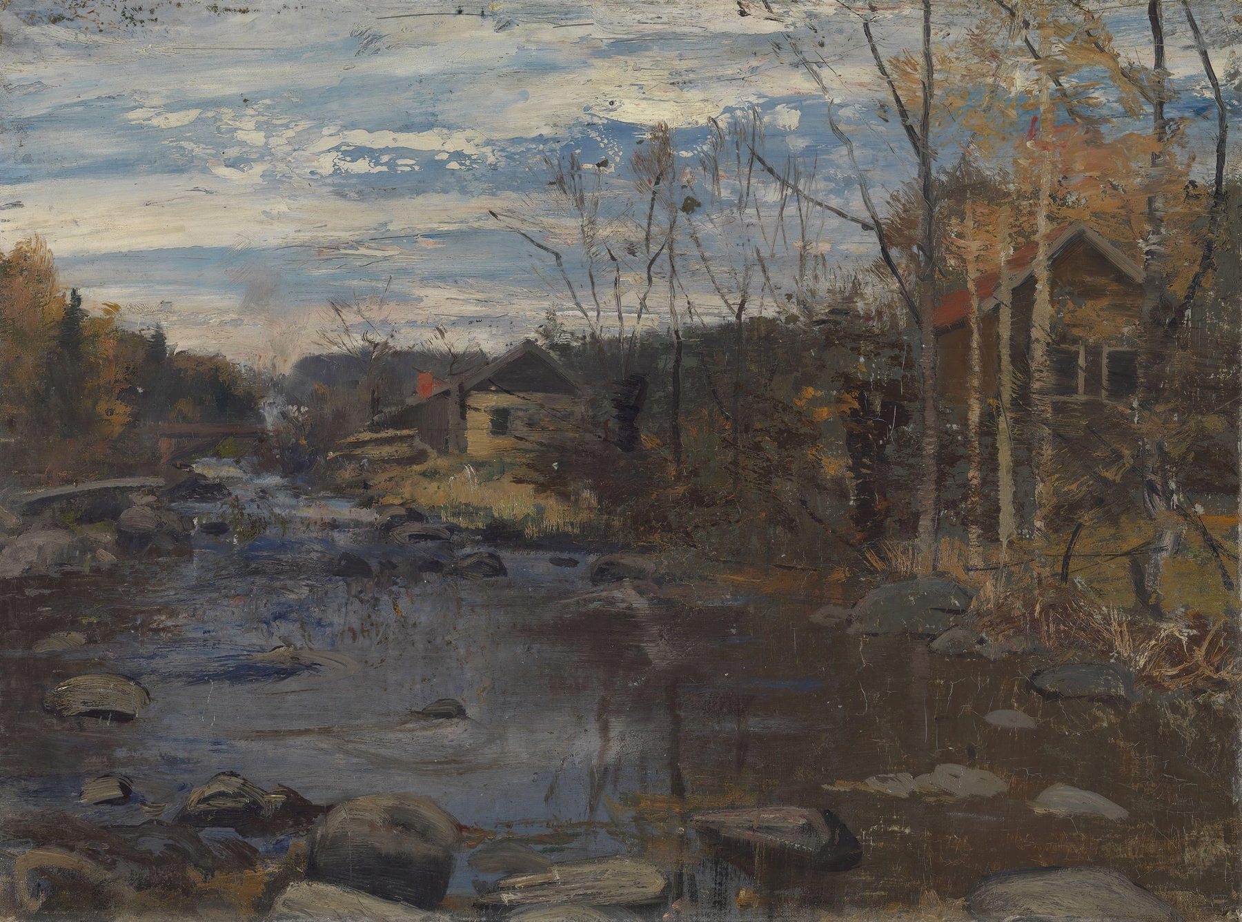 Landscape oil painting by Frederik Collett featuring a serene river and gentle hues.