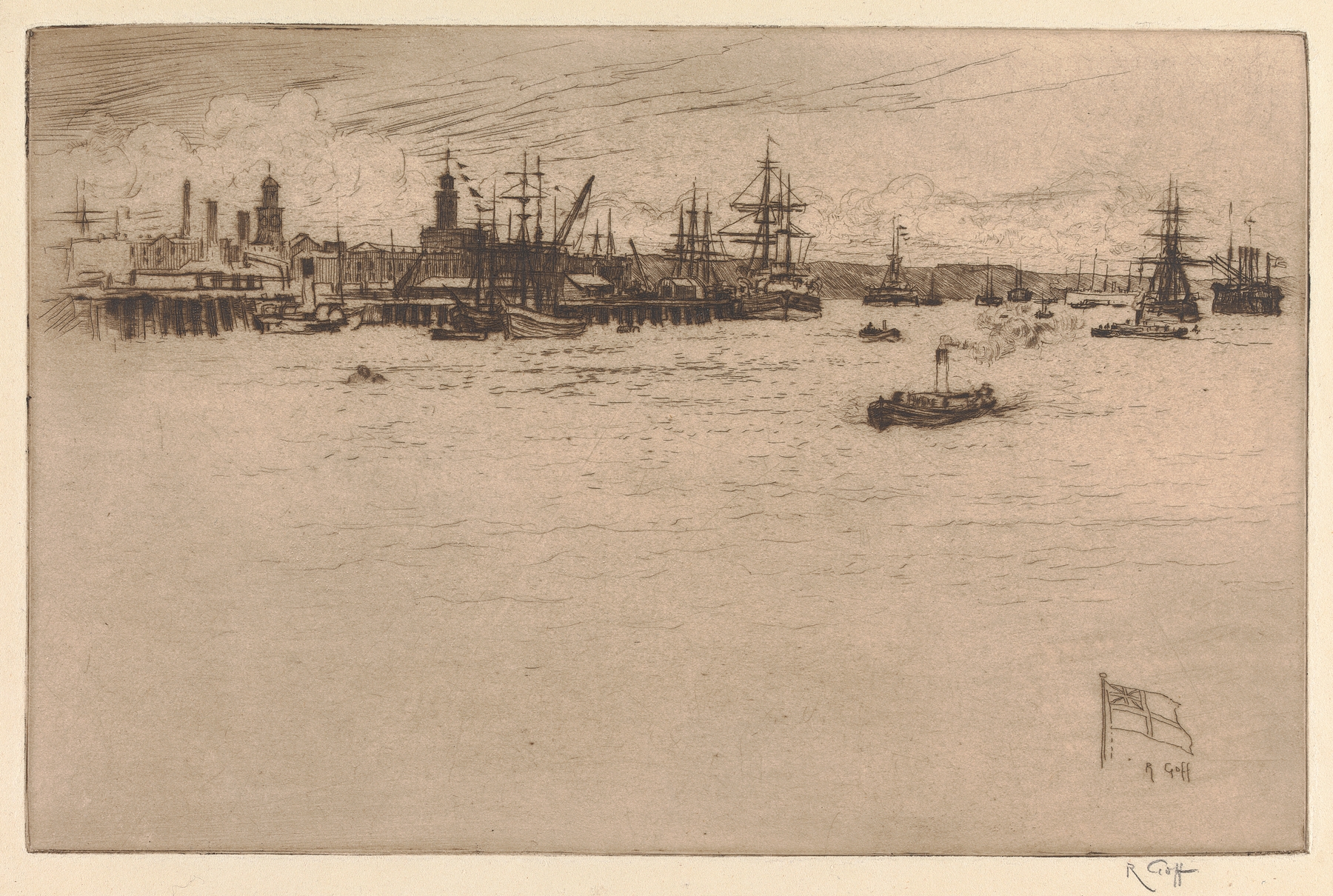 Portsmouth Dockyard by Robert Charles Goff, oil on canvas depicting a busy harbor with ships and workers.