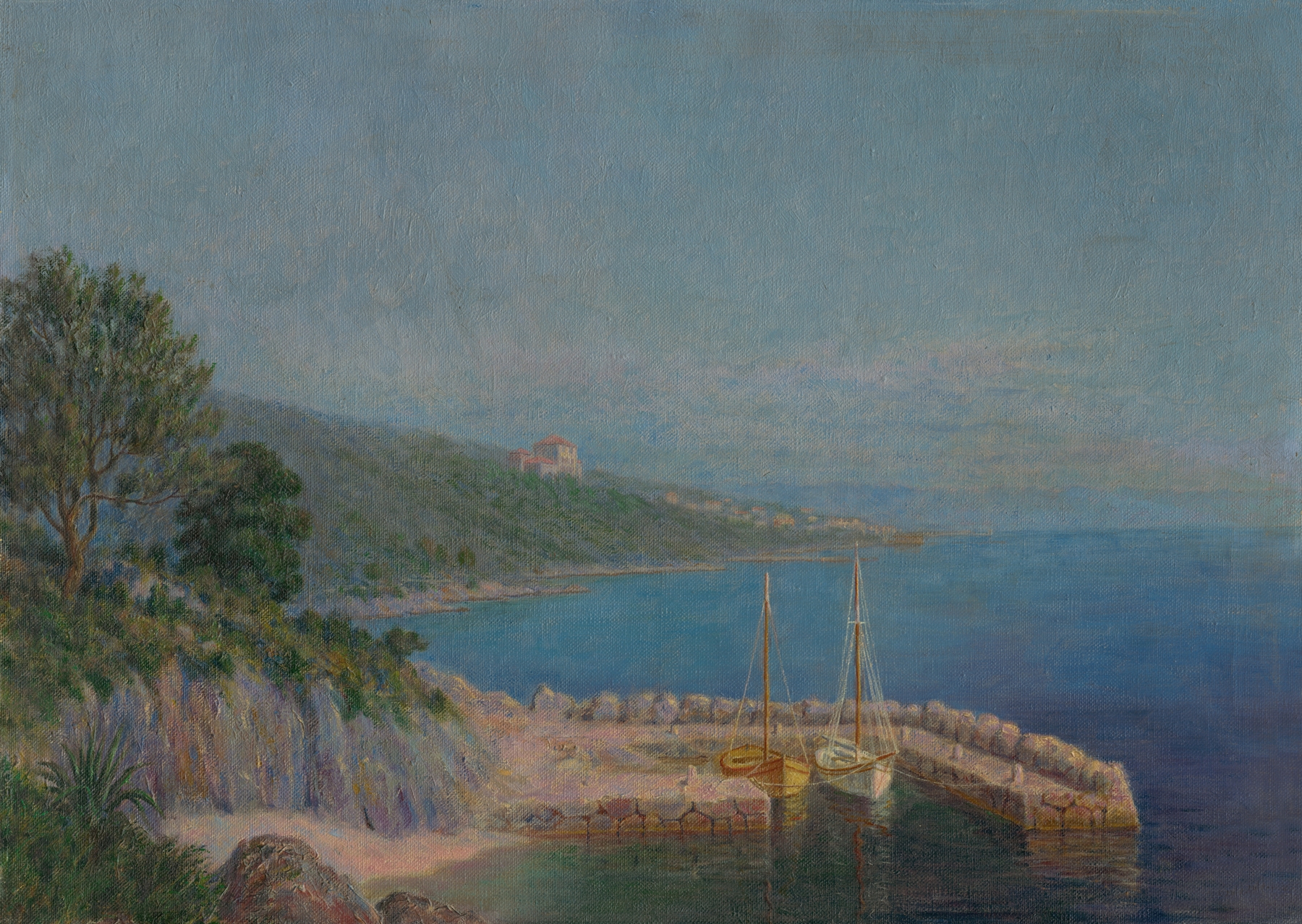 Seascape oil painting by Dezider Czölder depicting calm waters and gentle light