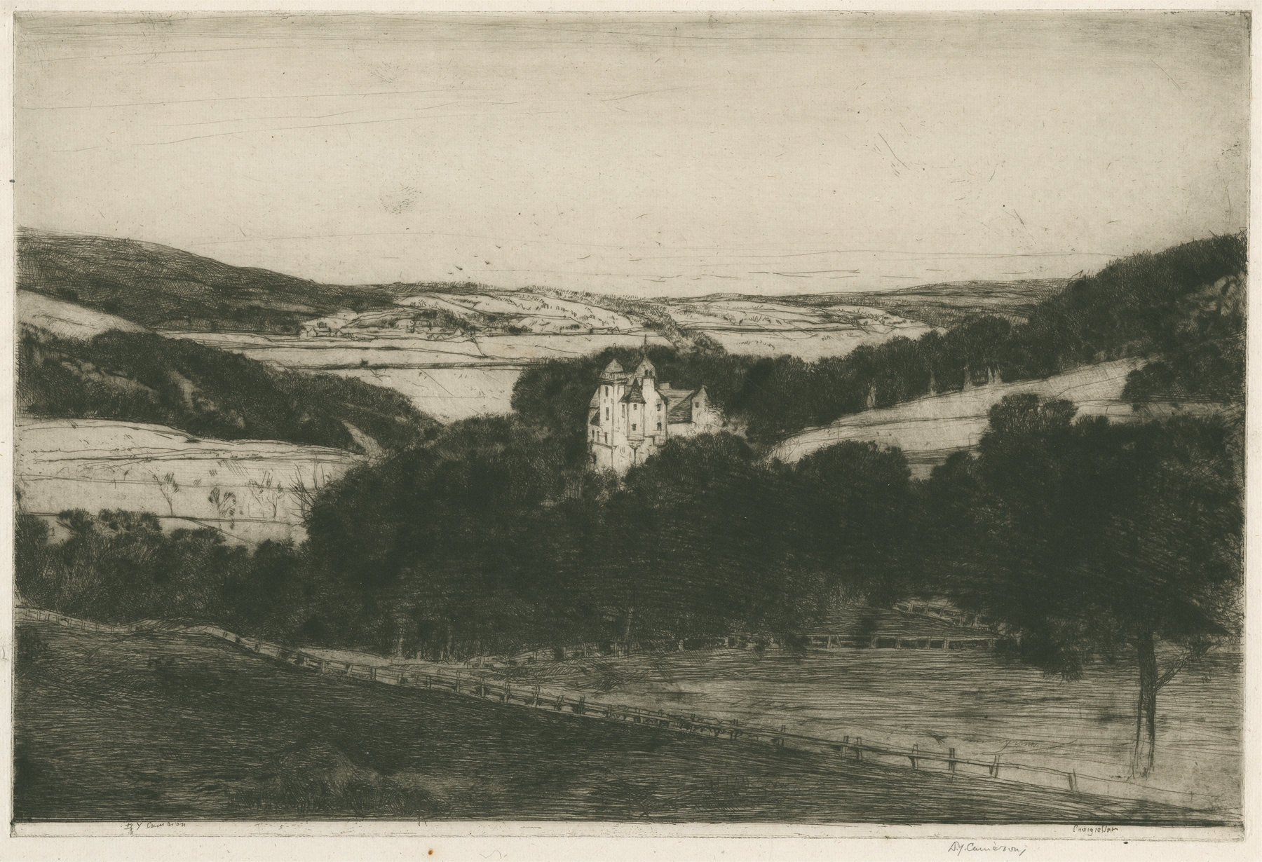 Landscape of Craigievar castle at twilight, oil painting by David Young Cameron