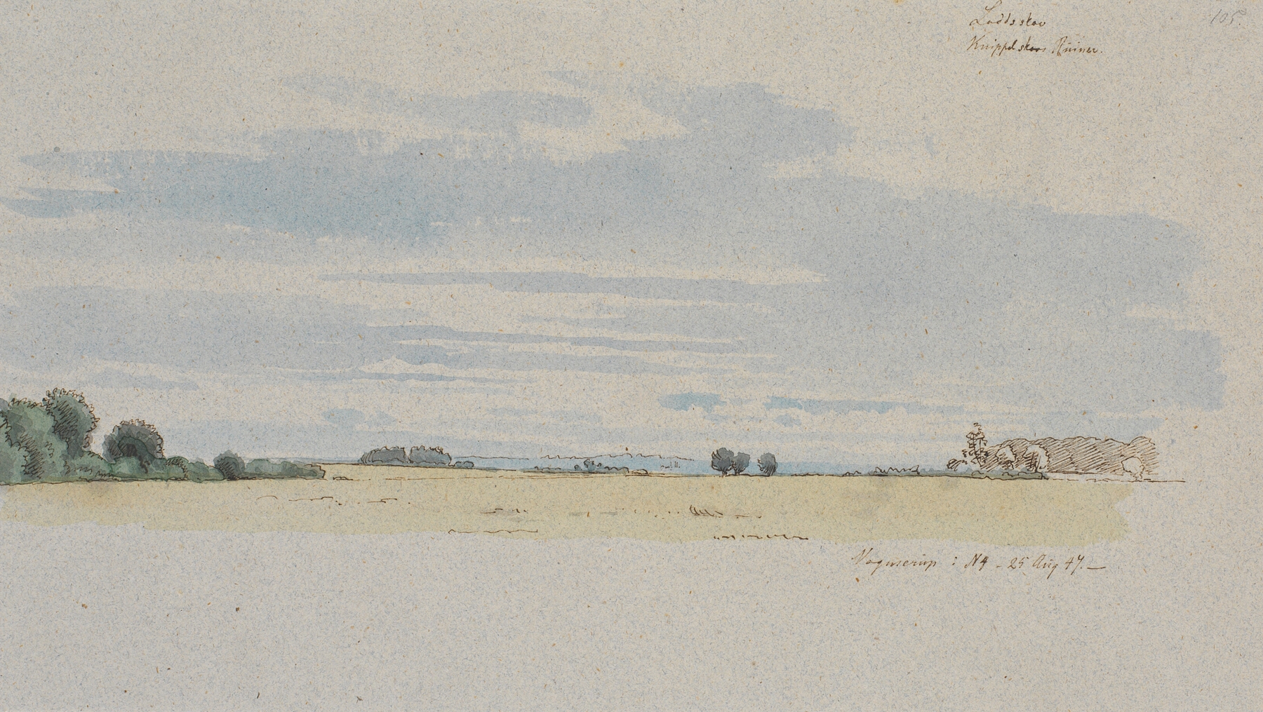 Landscape oil painting by Johan Thomas Lundbye featuring fields and a blue sky.