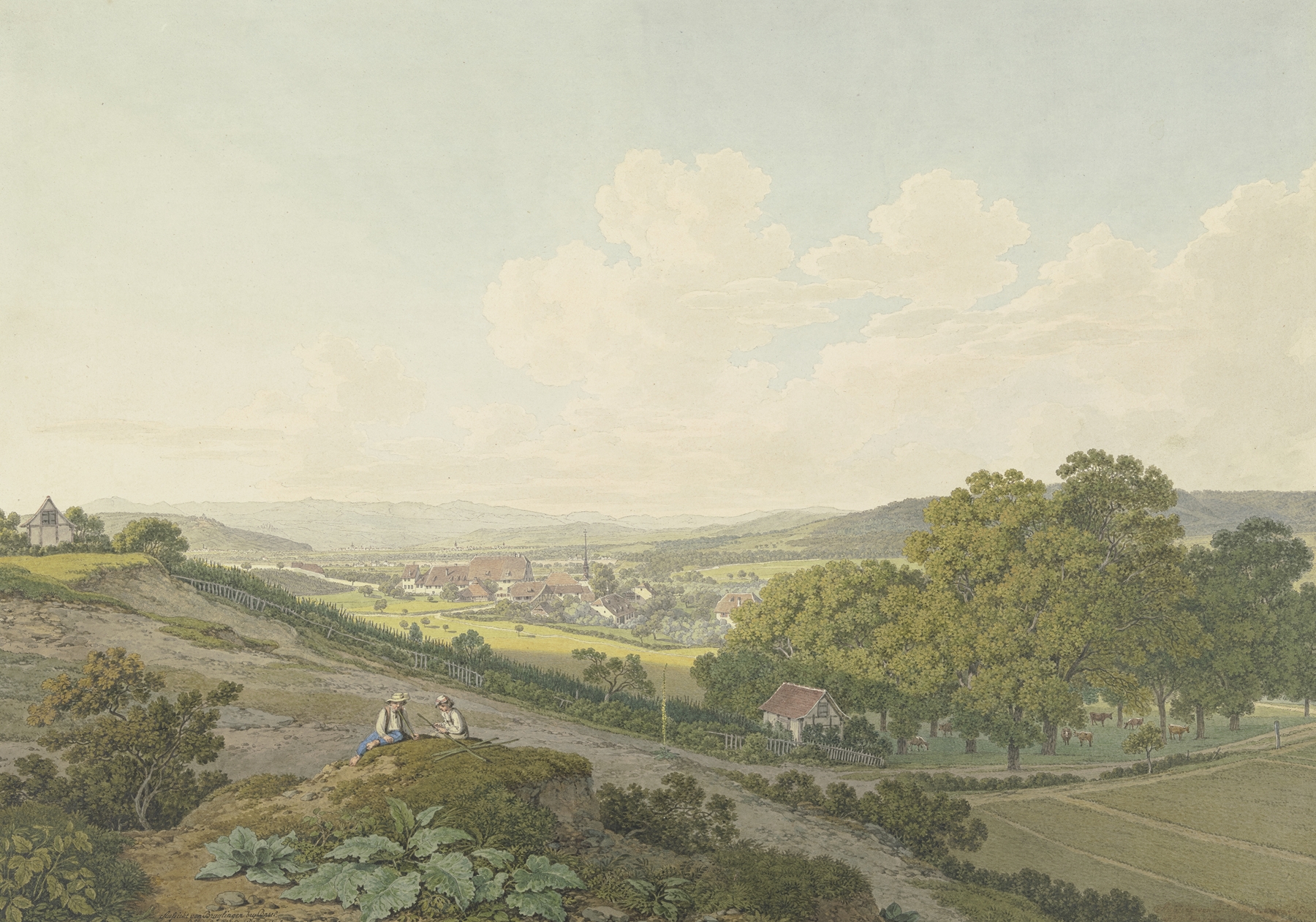 Oil painting by Marquard Wocher depicting a village landscape with a church spire.