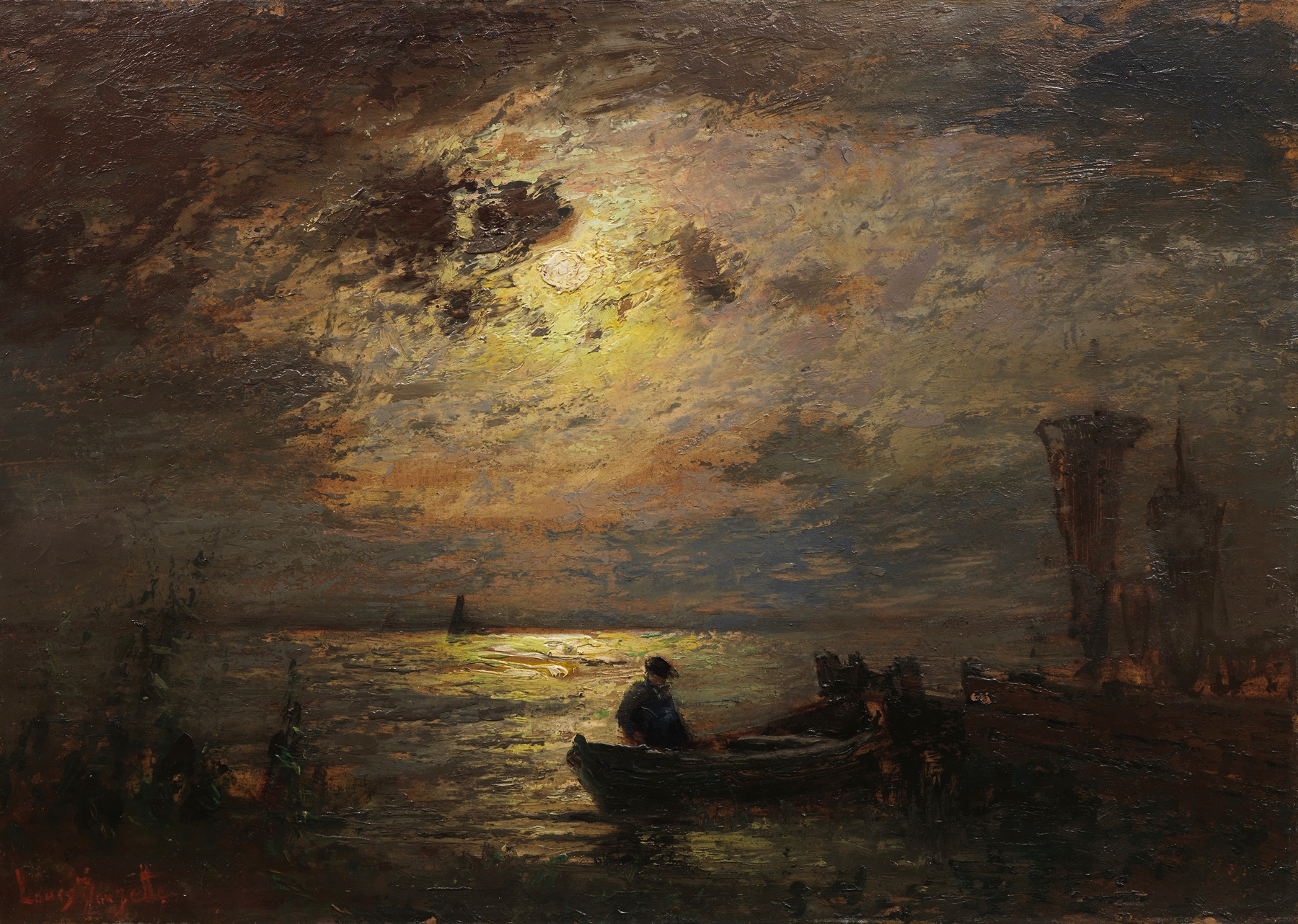Moonlit landscape by Louis Douzette, oil on canvas, featuring ethereal blues and silvers.