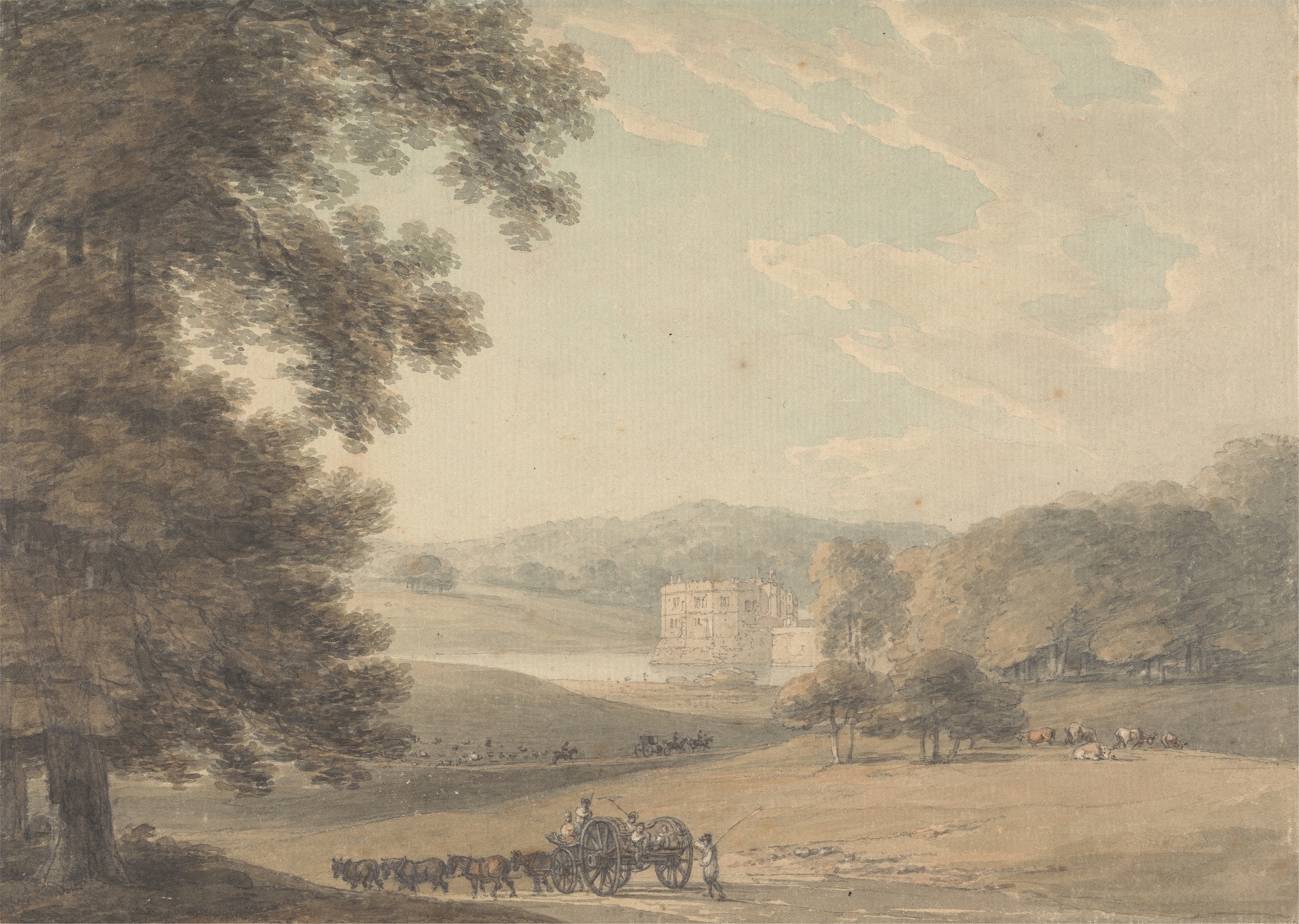 Leeds Castle, Kent by Thomas Hearne, watercolor on paper, serene landscape with castle and river