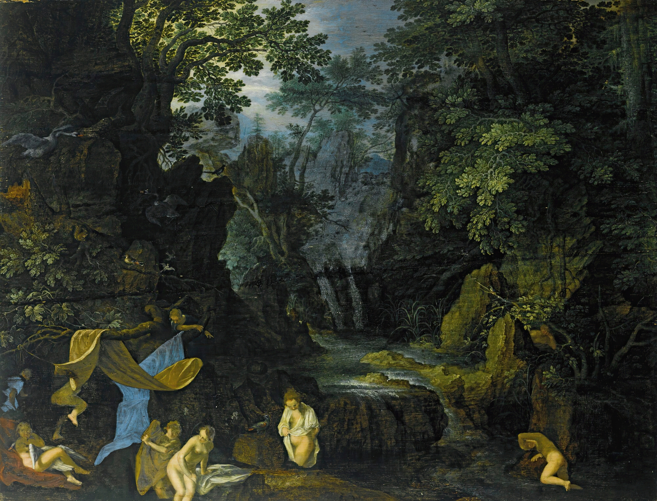 A Forest Landscape With Bathing Nymphs And Leda And The Swan by Roelant Savery, oil painting