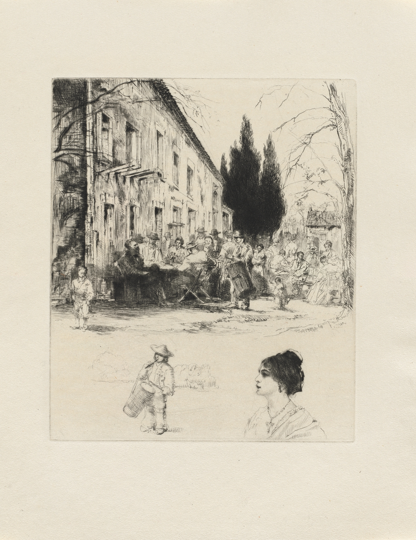 Engraving by Auguste Brouet depicting a figure emerging from shadows with ethereal light.