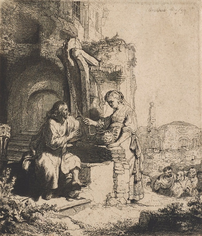 Rembrandt's painting depicts Christ conversing with the Woman of Samaria among ruins.