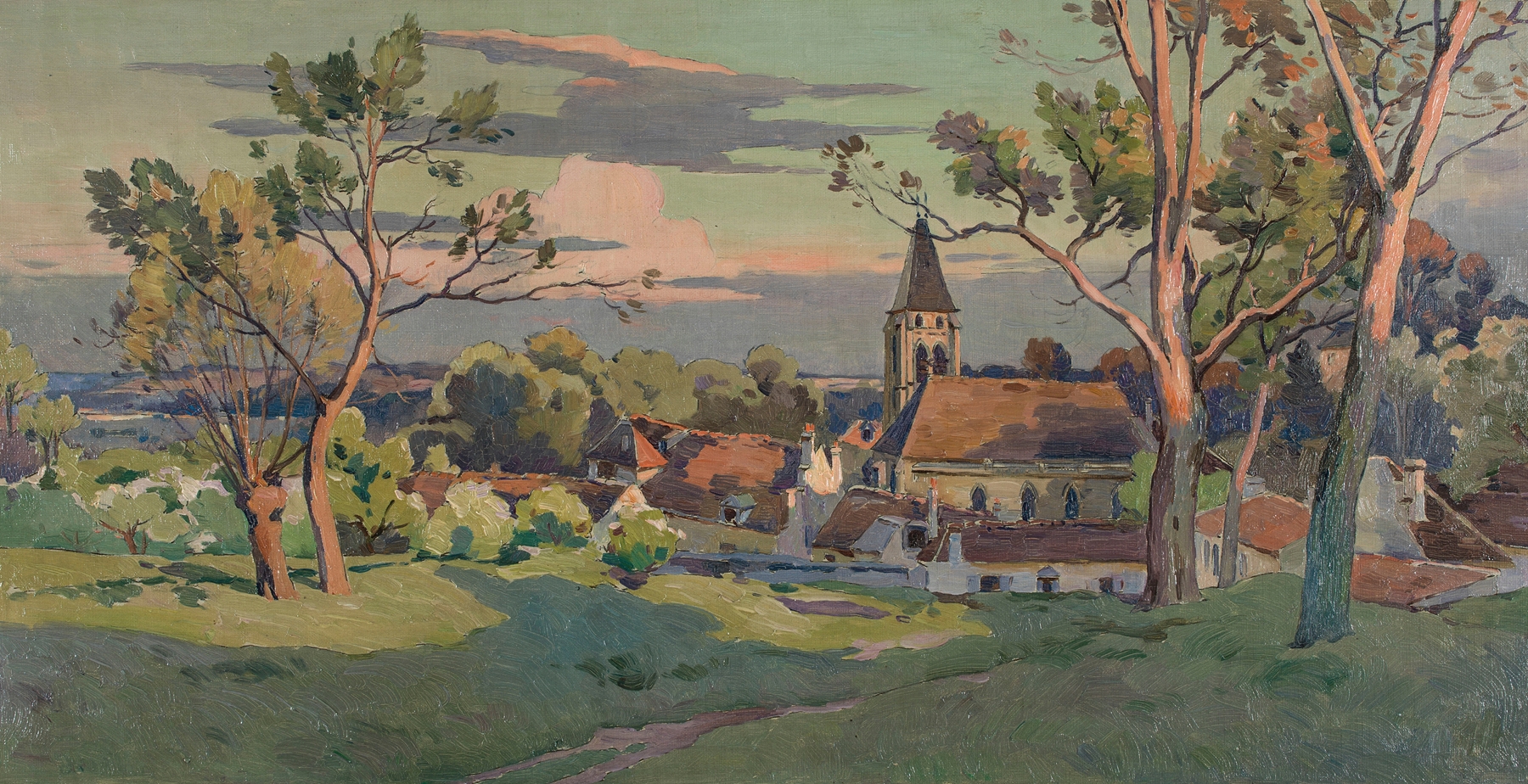 Village avec une église by Paul Léon Felix Schmitt, oil on canvas depicting a tranquil rural landscape.