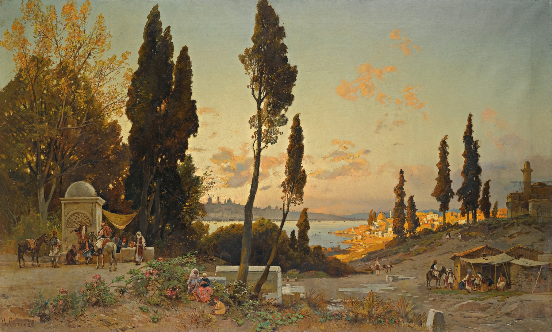 View Across The Bosphorus, Constantinople by Hermann David Salomon Corrodi, oil painting depicting a landscape.