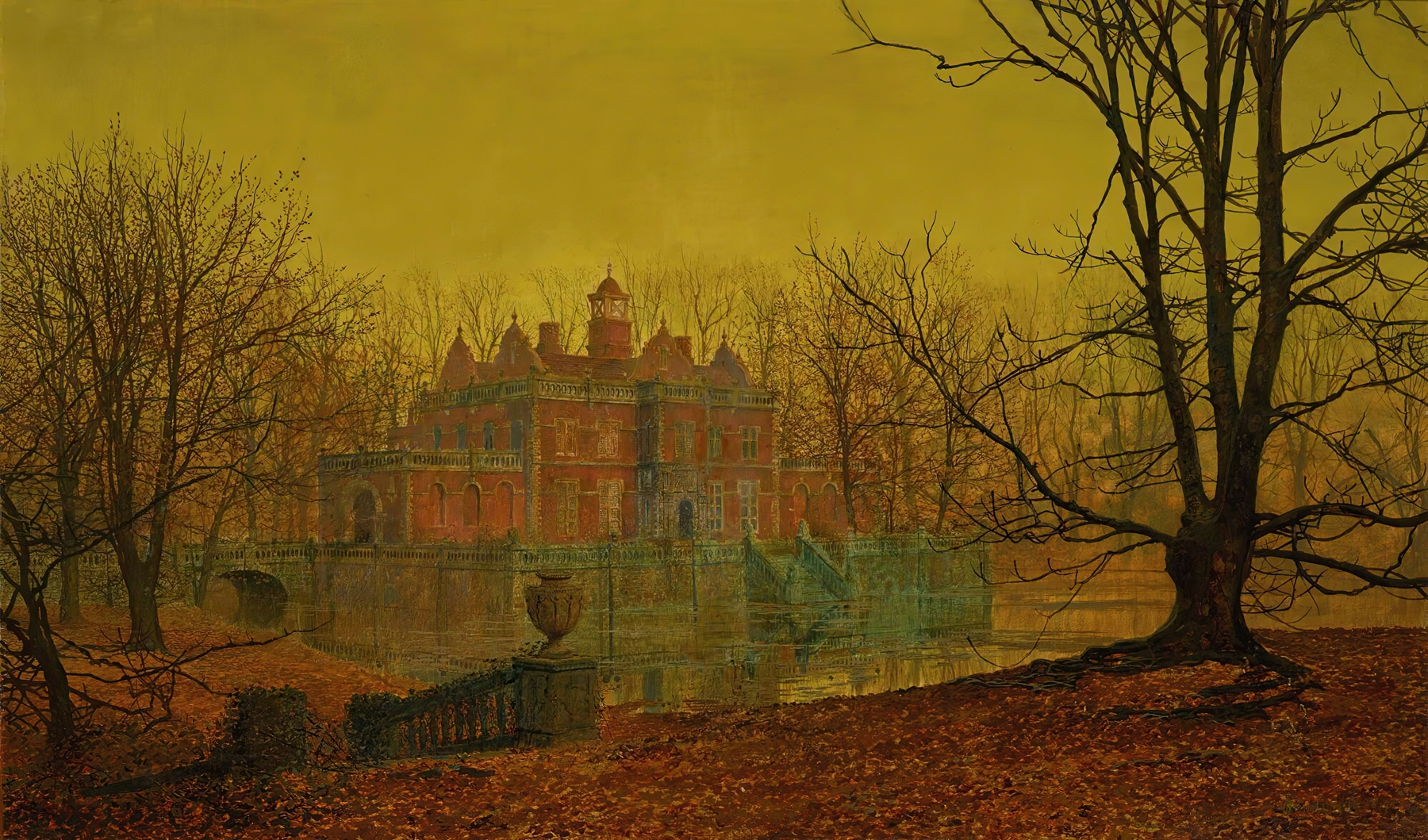 A Moated Yorkshire Home by John Atkinson Grimshaw, oil on canvas depicting a twilight landscape.