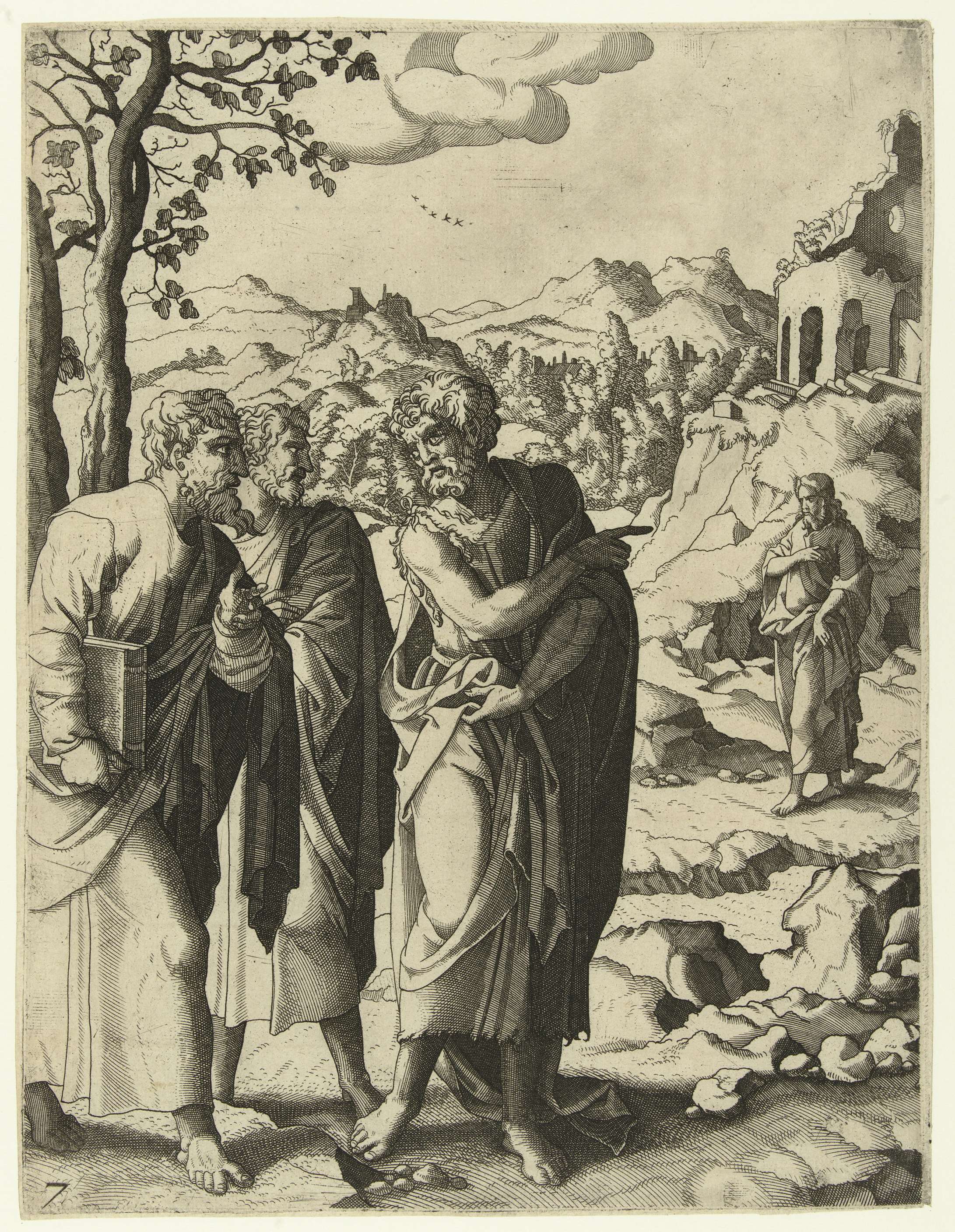 Johannes de Doper wijst zijn leerlingen op Christus, by Hans Liefrinck (I), public domain