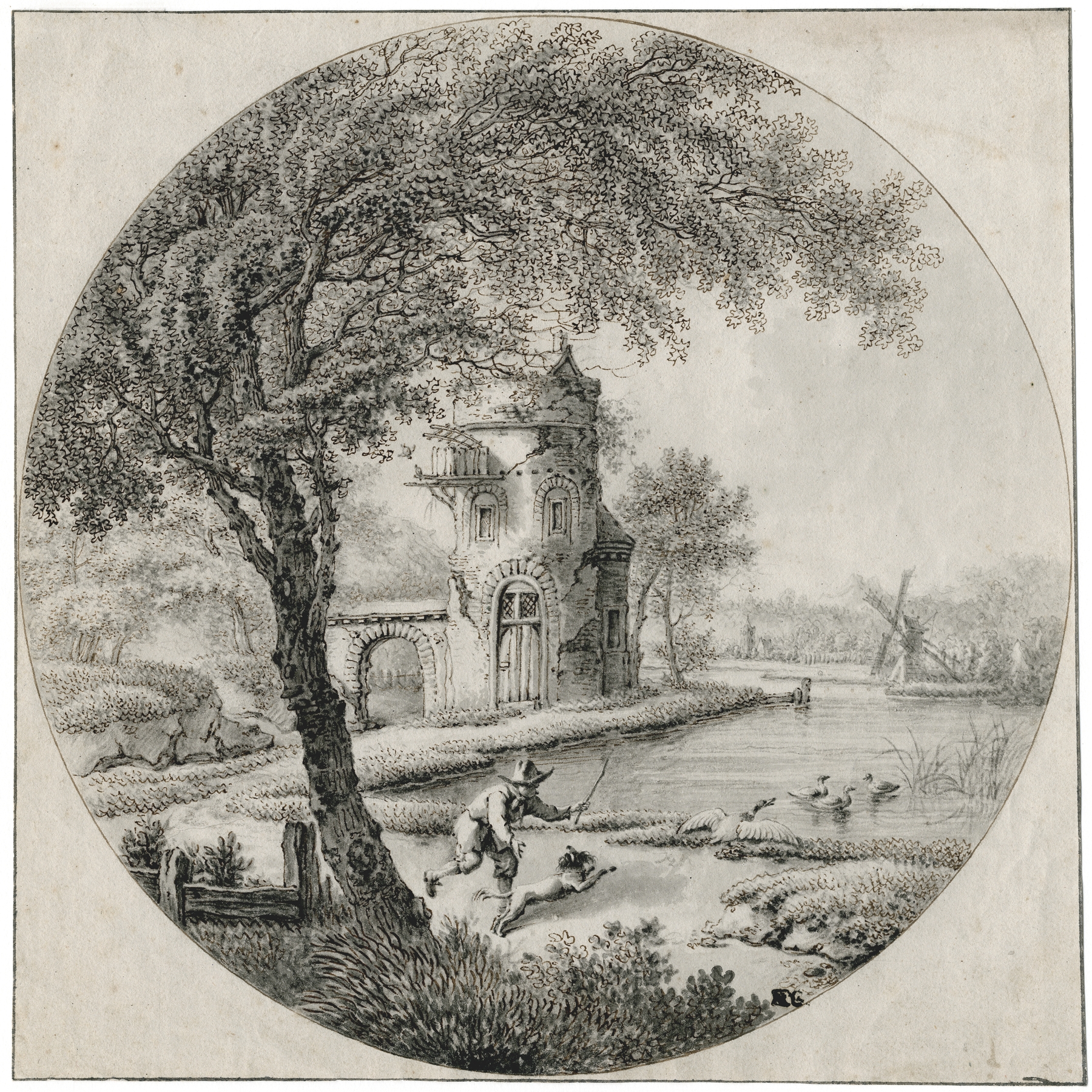 Landscape oil painting by Barend Hendrik Thier, featuring a serene pond and lush greenery.