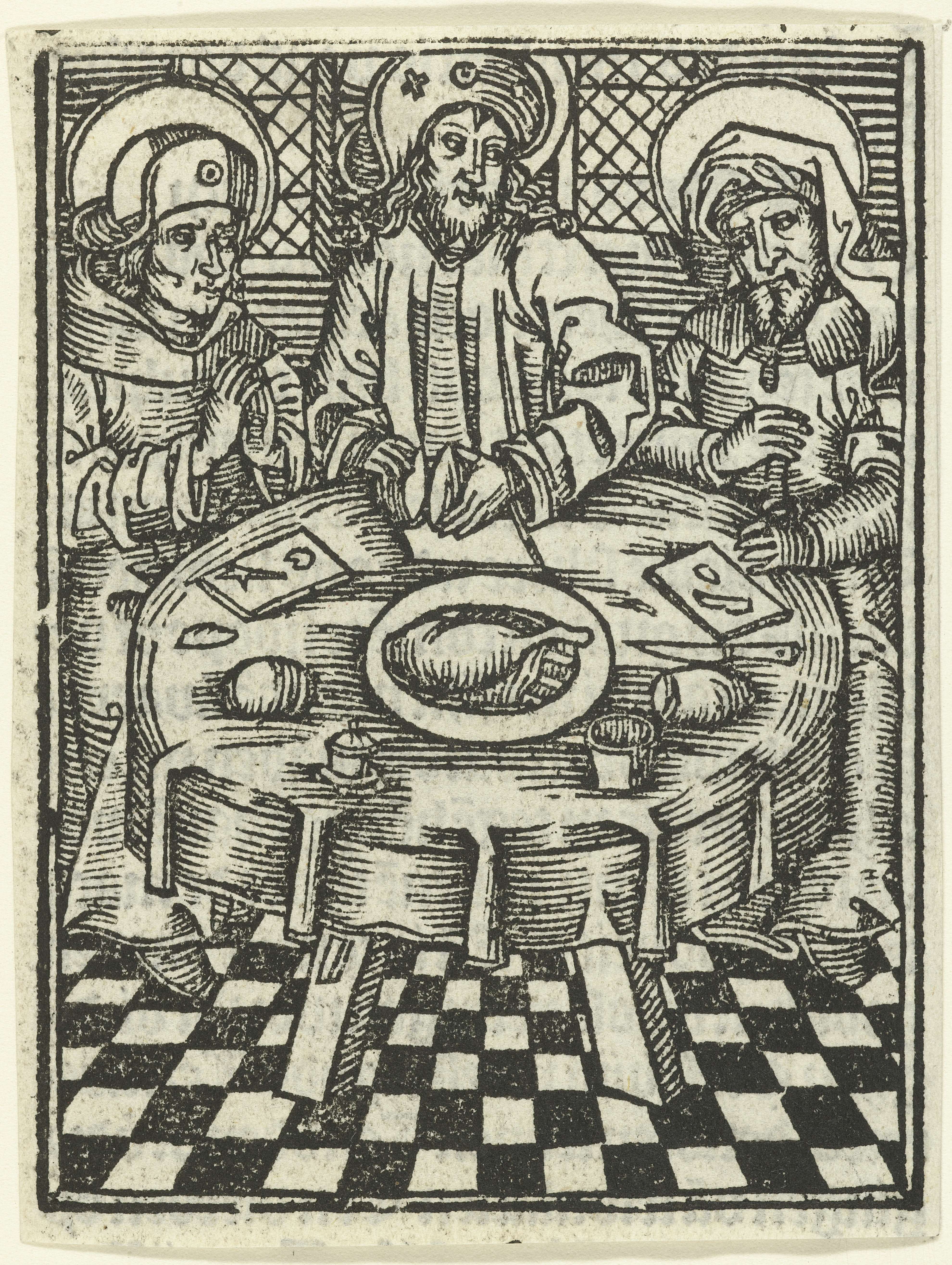 Religious scene depicting disciples at a meal, paper artwork by Meester van de Delbecq-Schreiber-Passie