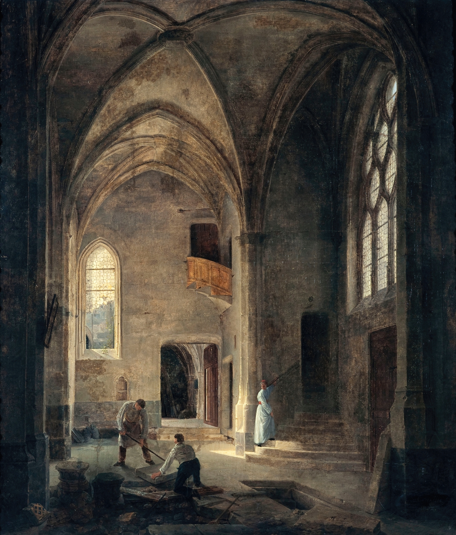 Interior of Saint-Benoît-le-Bestouné church by Louis Courtin, stained glass and stone.