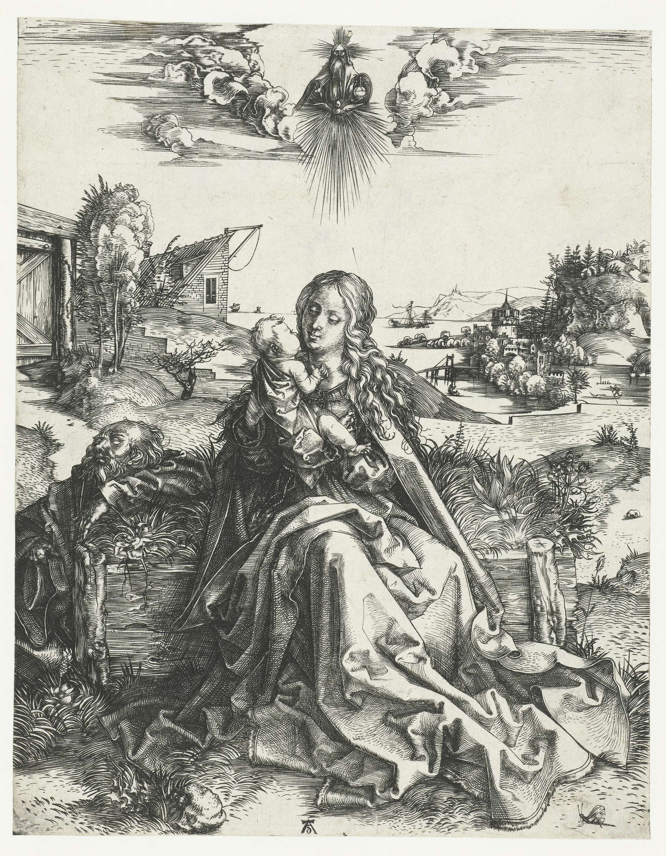 Engraving by Albrecht Dürer depicting the Holy Family with a dragonfly.