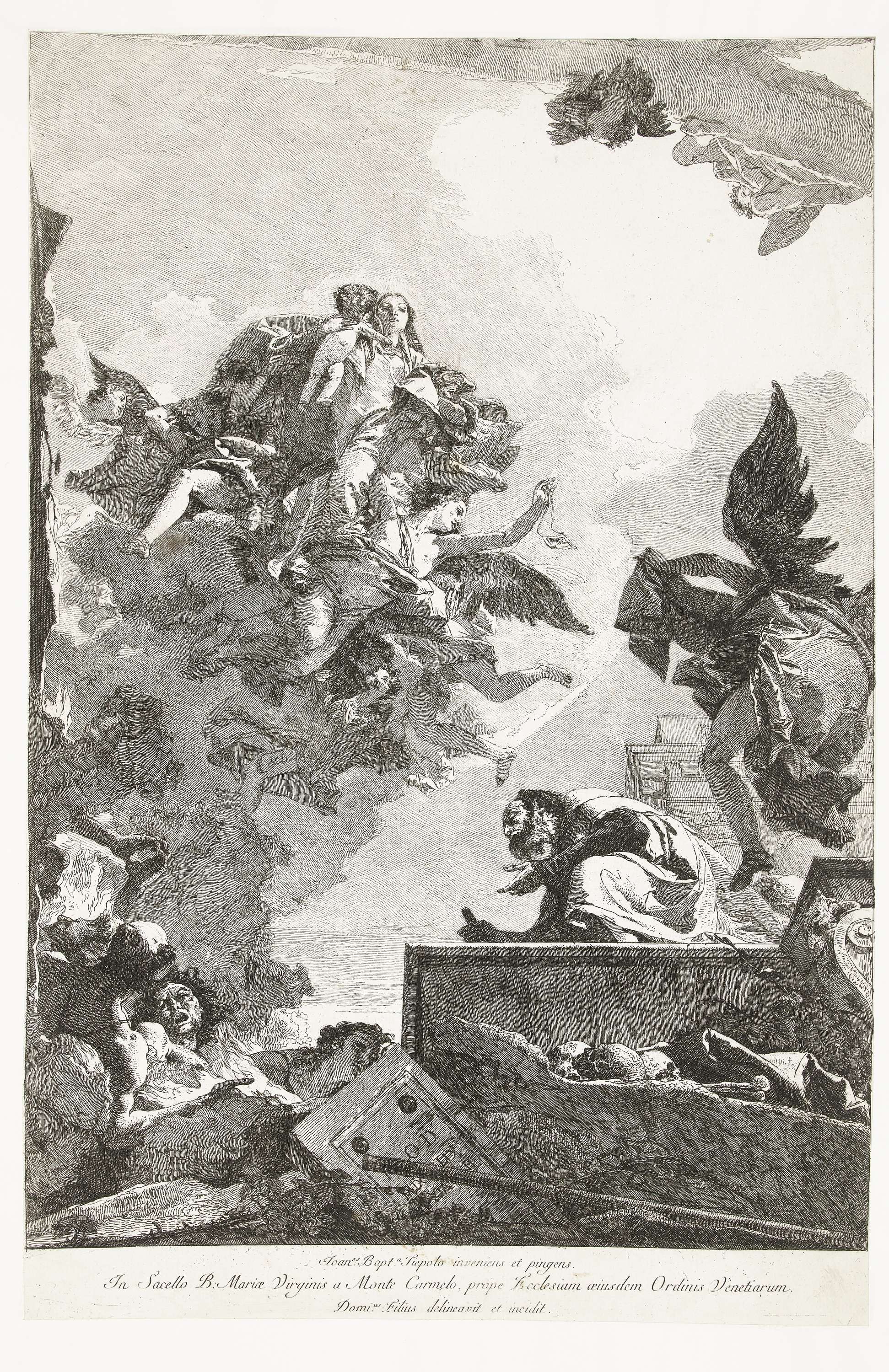 Maria verschijnt aan heilige Simon Stock, etching by Giovanni Domenico Tiepolo depicting a divine encounter.