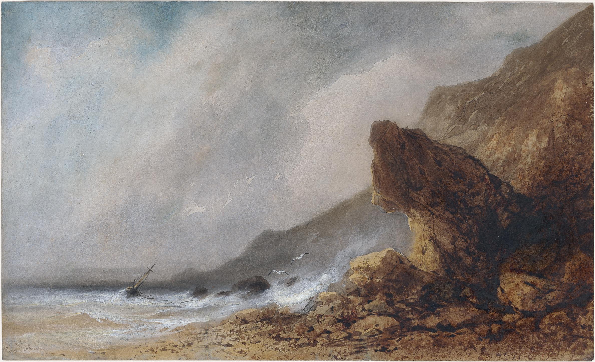 A Rocky Seacoast in a Storm, oil painting by Gabriel Hippolyte Lebas, depicting a turbulent sea and dark clouds.