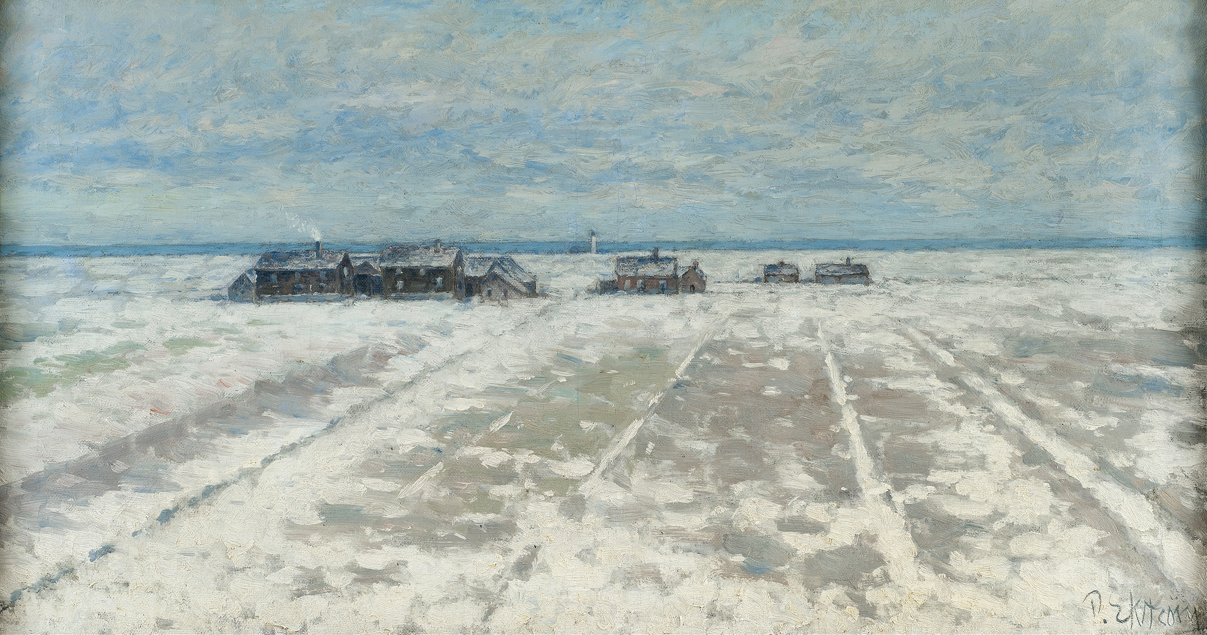 Winter landscape oil on canvas by Per Ekström depicting a snowy scene.