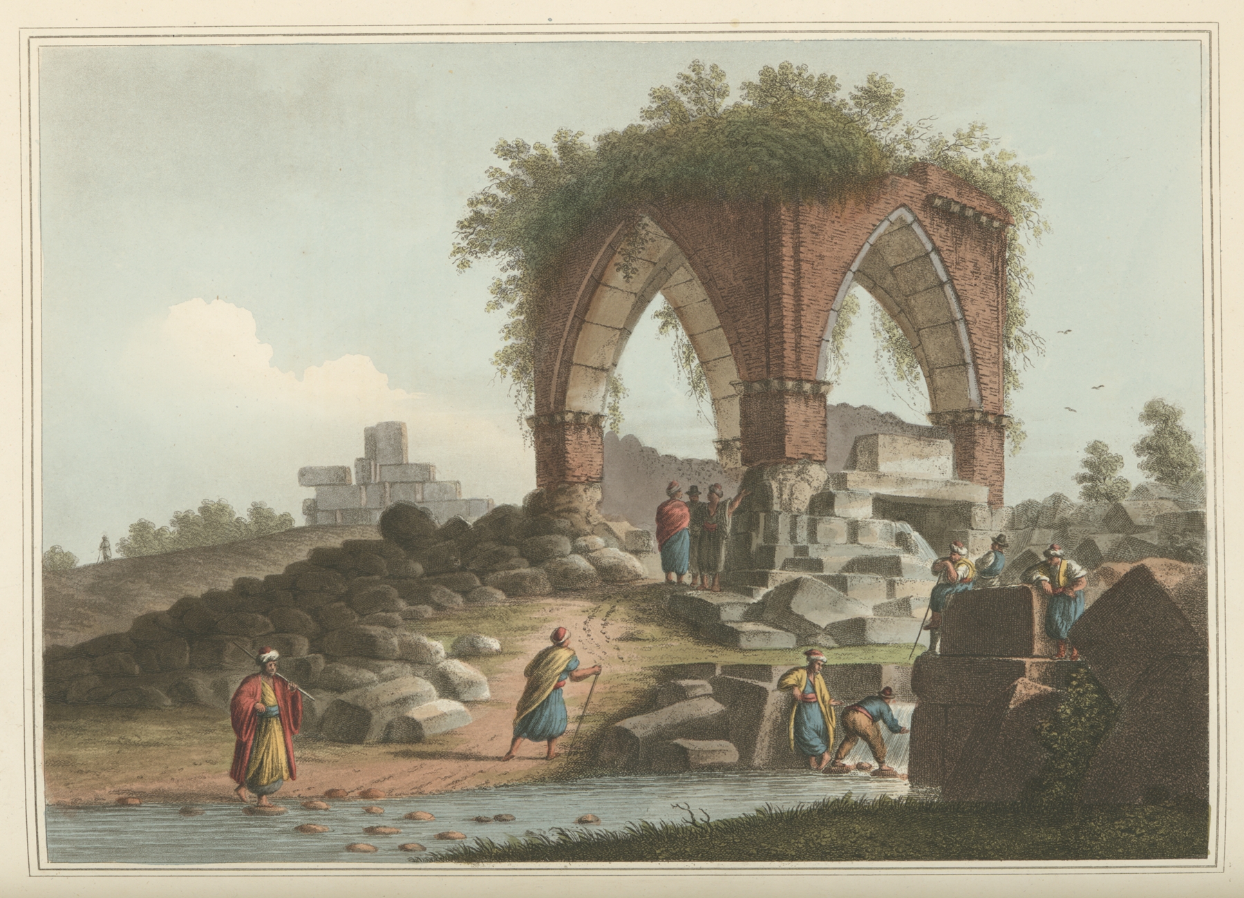 Fountain of Serpents engraving by Luigi Mayer, featuring colorful serpents and flowing water.