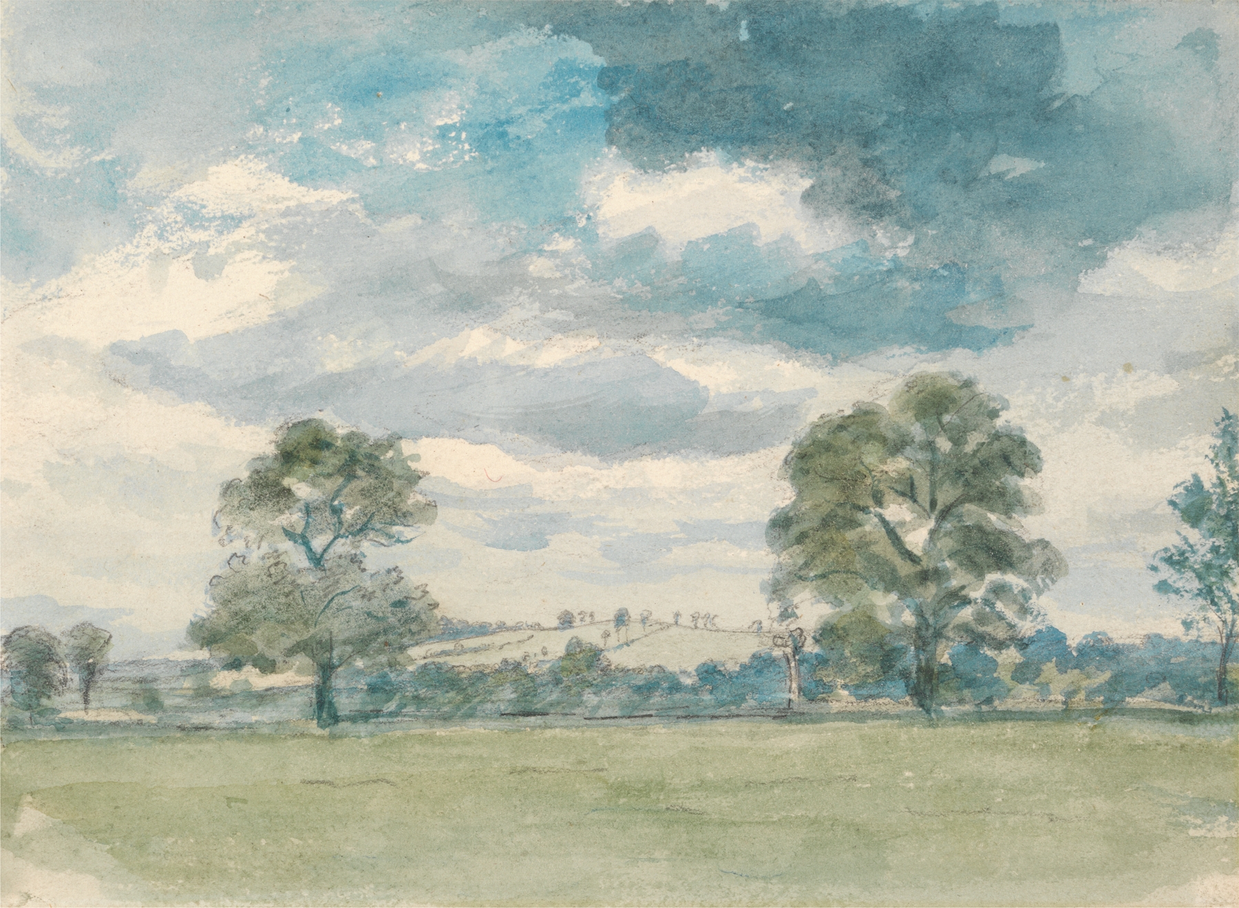 Summer Landscape by Lionel Constable, oil on canvas depicting rolling hills and greenery under a cobalt sky.