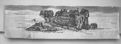 Tempera painting by Eigil Schwab depicting a winter landscape with a horse and sleigh.