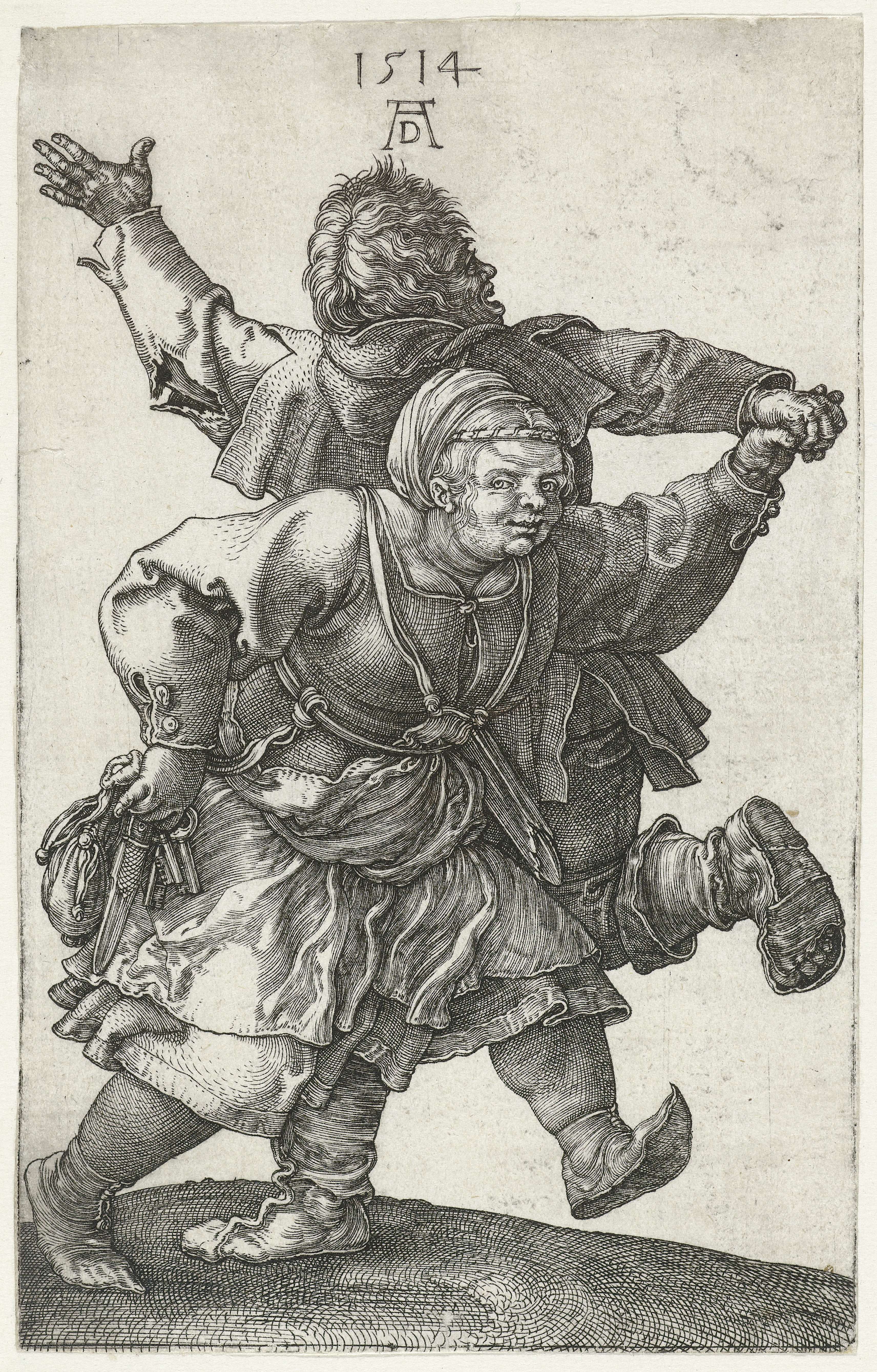 Dansend boerenpaar engraving by Albrecht Dürer depicting a peasant couple dancing.