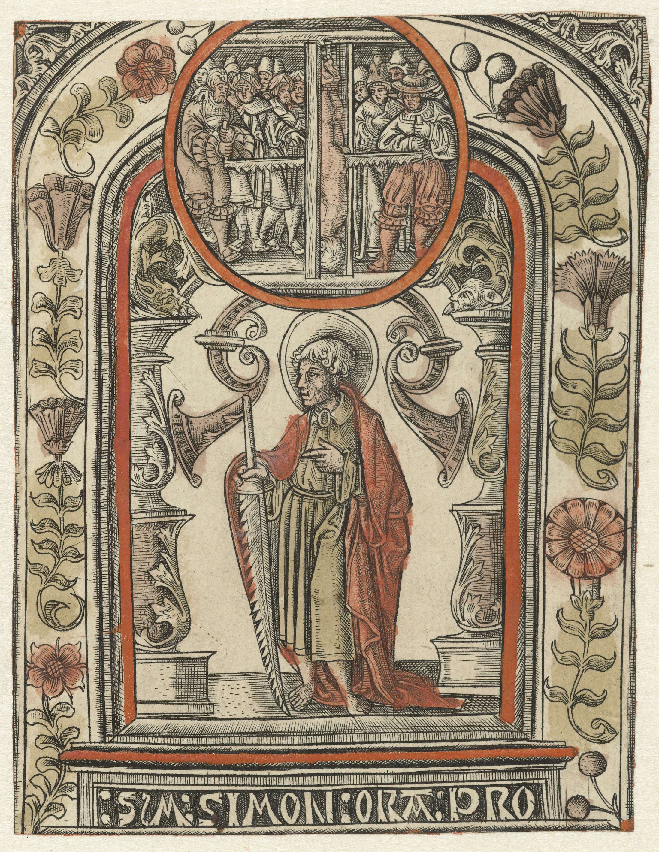 Engraving by Allaert Claesz depicting Simon's martyrdom