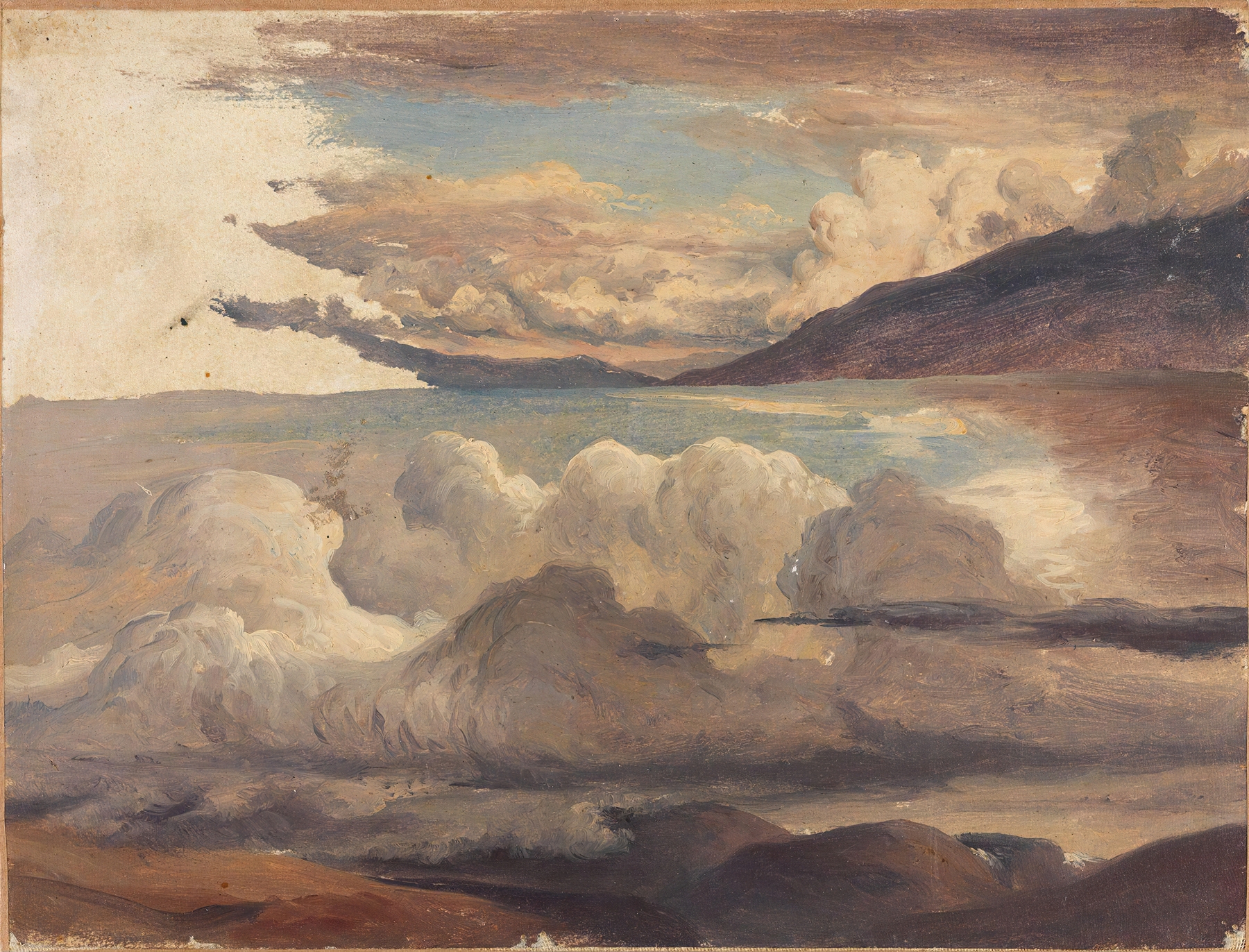 Clouds over the Fjord by Thomas Fearnley, oil on canvas depicting a serene landscape with clouds and water.