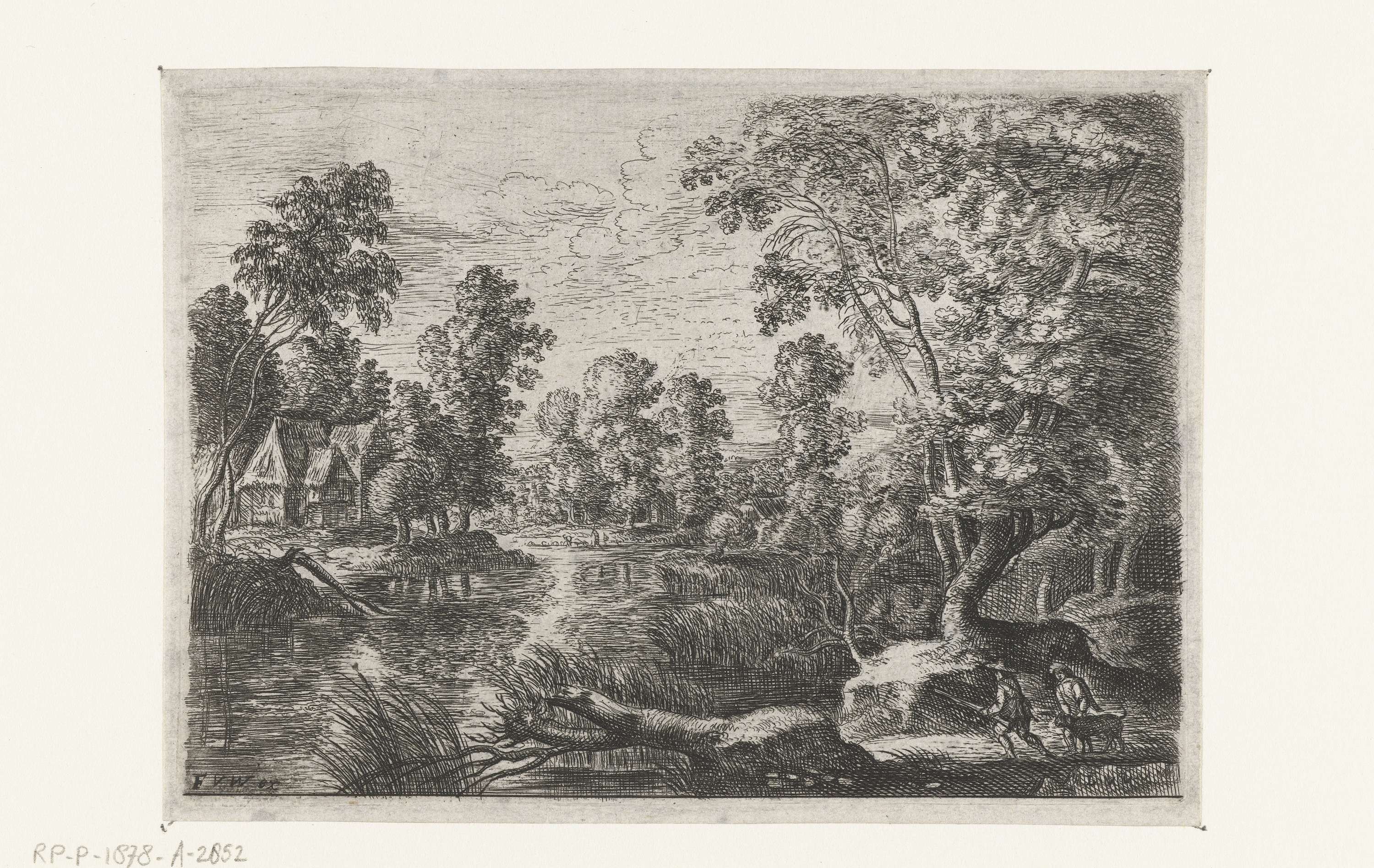 Landscape with a brook and a hunter, etching by Lucas van Uden