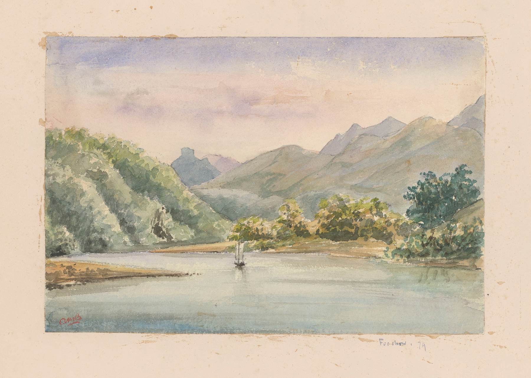 Watercolour by Auguste Mouillesaux de Bernières depicting a landscape with soft hues.