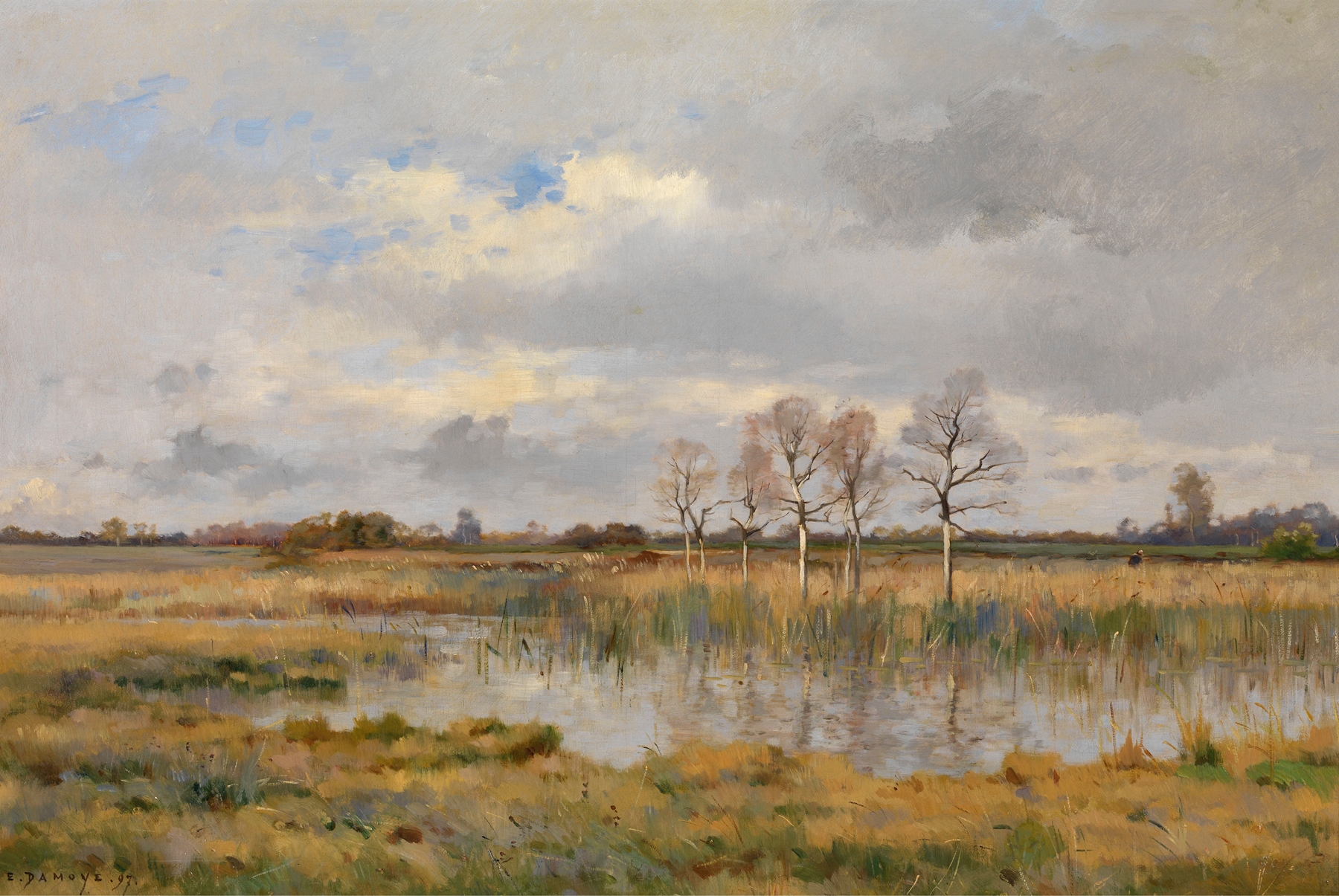 Landscape oil painting by Pierre Emmanuel Damoye depicting a marsh with grasses and sunset.
