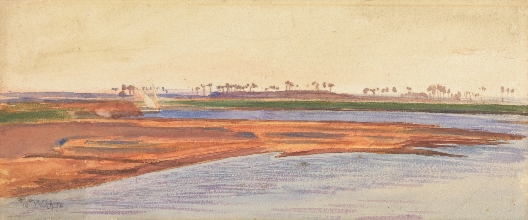 The Nile by William Holman Hunt, oil painting depicting a lush landscape with a river.