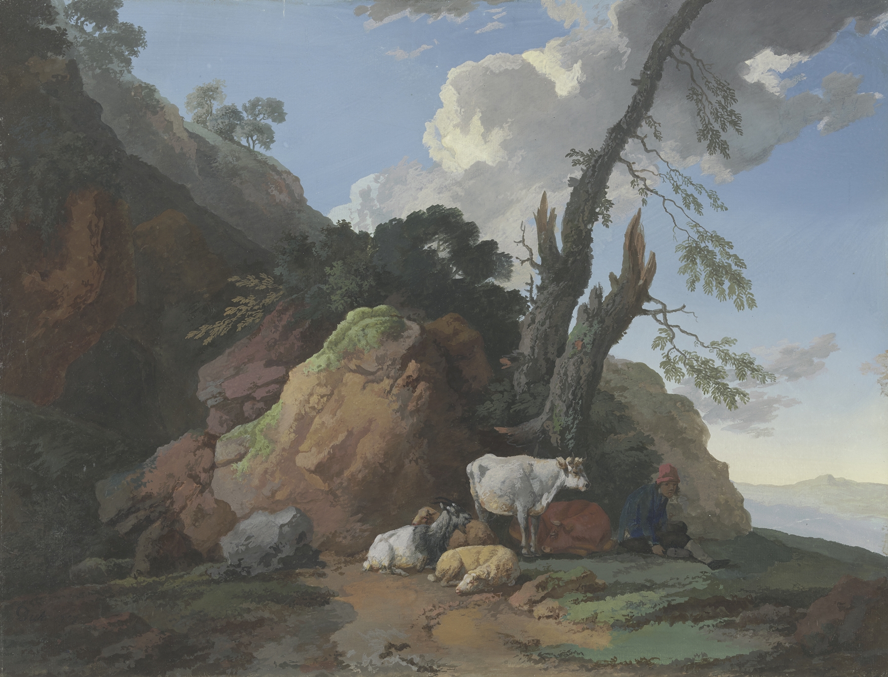 Rugged landscape with a shepherd, two cows, two sheep, and a goat, oil painting by Christian Wilhelm Ernst Dietrich